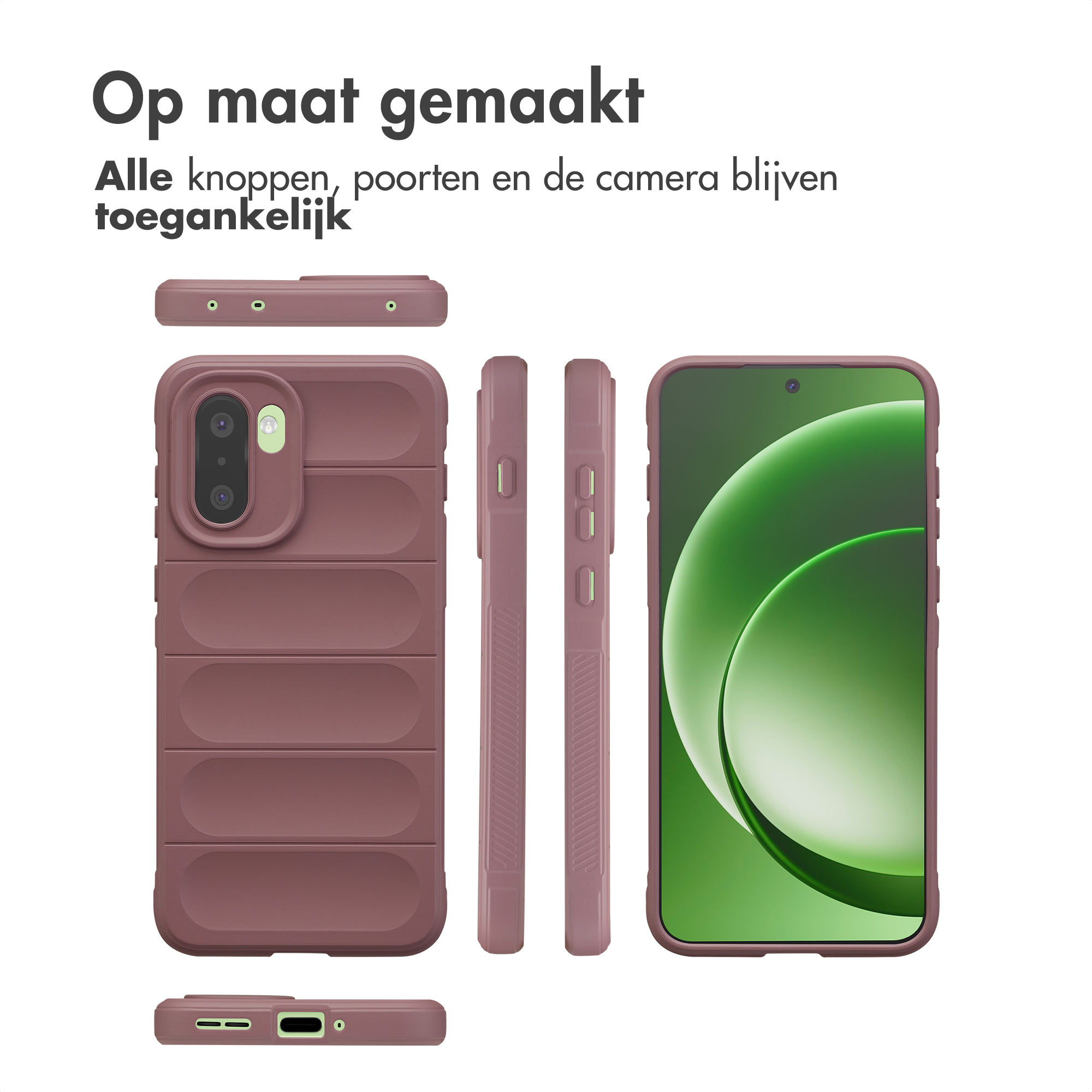 Een mauve telefoonhoes met camera-uitsparing en poortopeningen, van meerdere kanten.