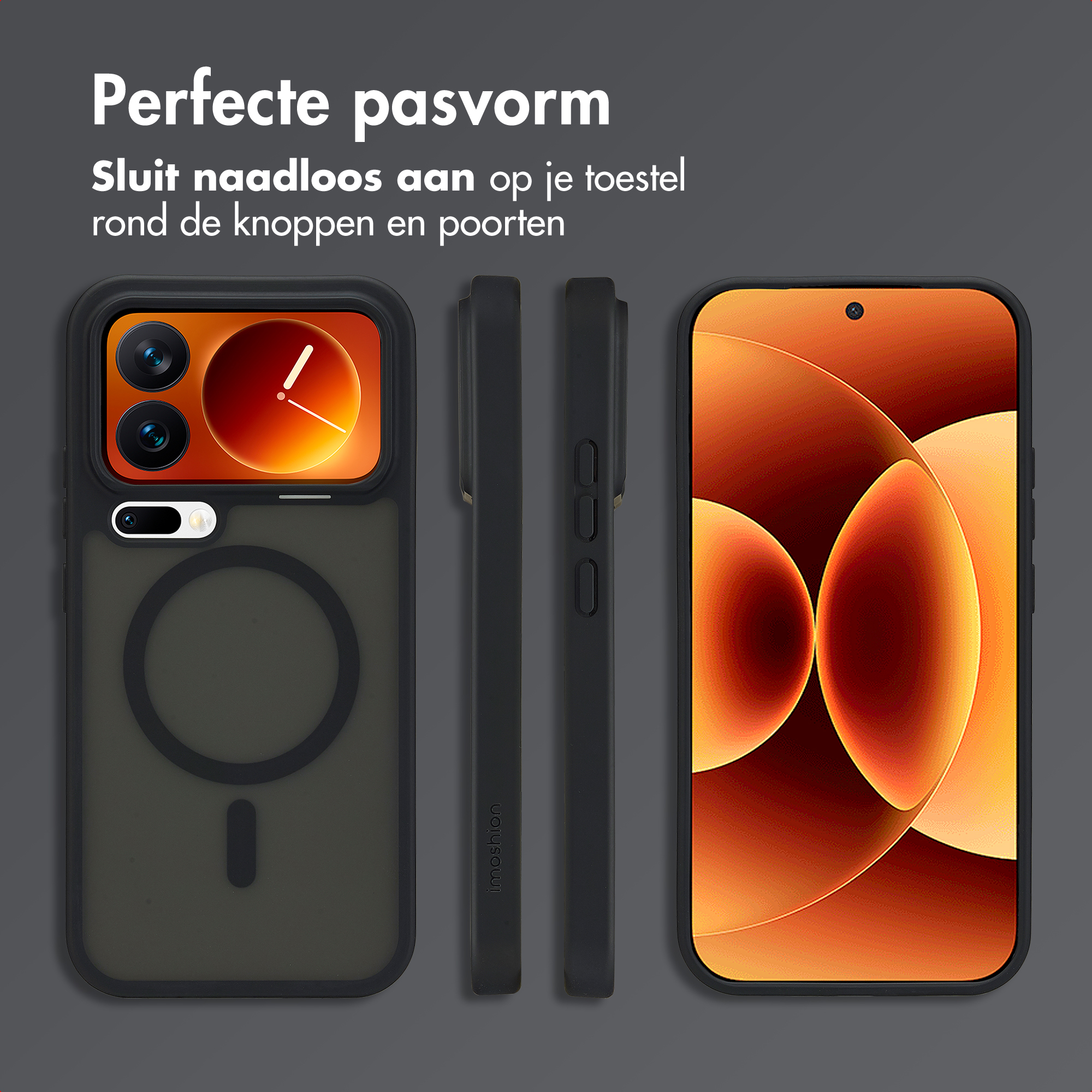 Zwarte telefoonhoes met magneetring, camera, knoppen en scherm.