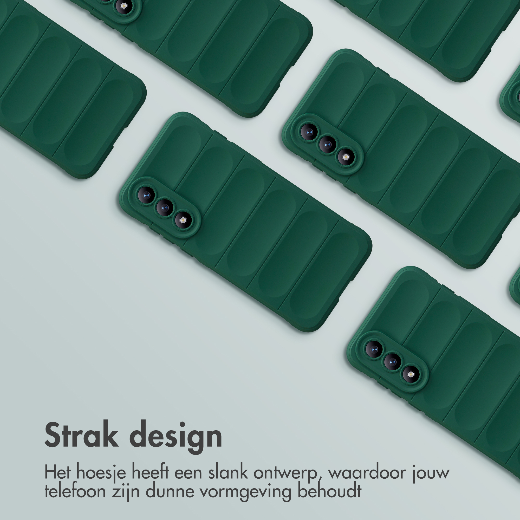 Meerdere groene telefoonhoesjes met ribbeldesign en cameralens.