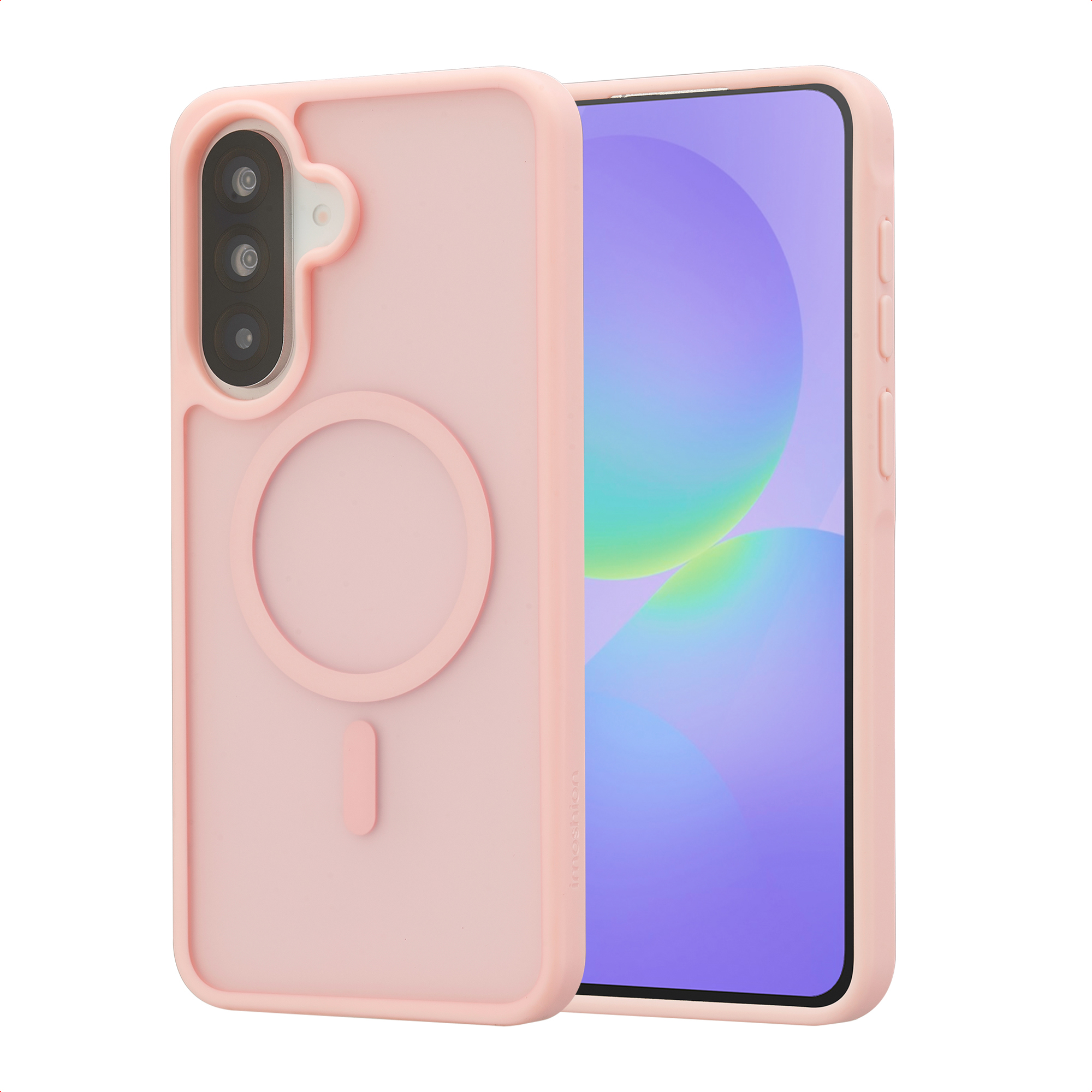 Een lichtroze telefoonhoes met drie camera's aan de achterkant en een magneetring.