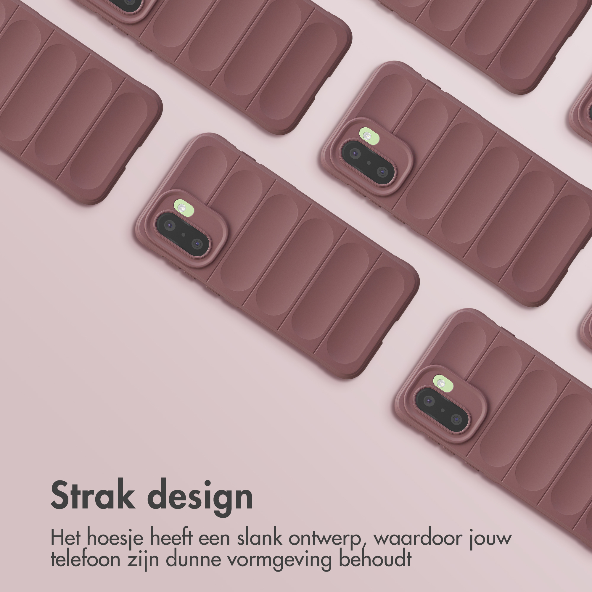 Meerdere bruine telefoonhoesjes met ribbeldesign op roze achtergrond.
