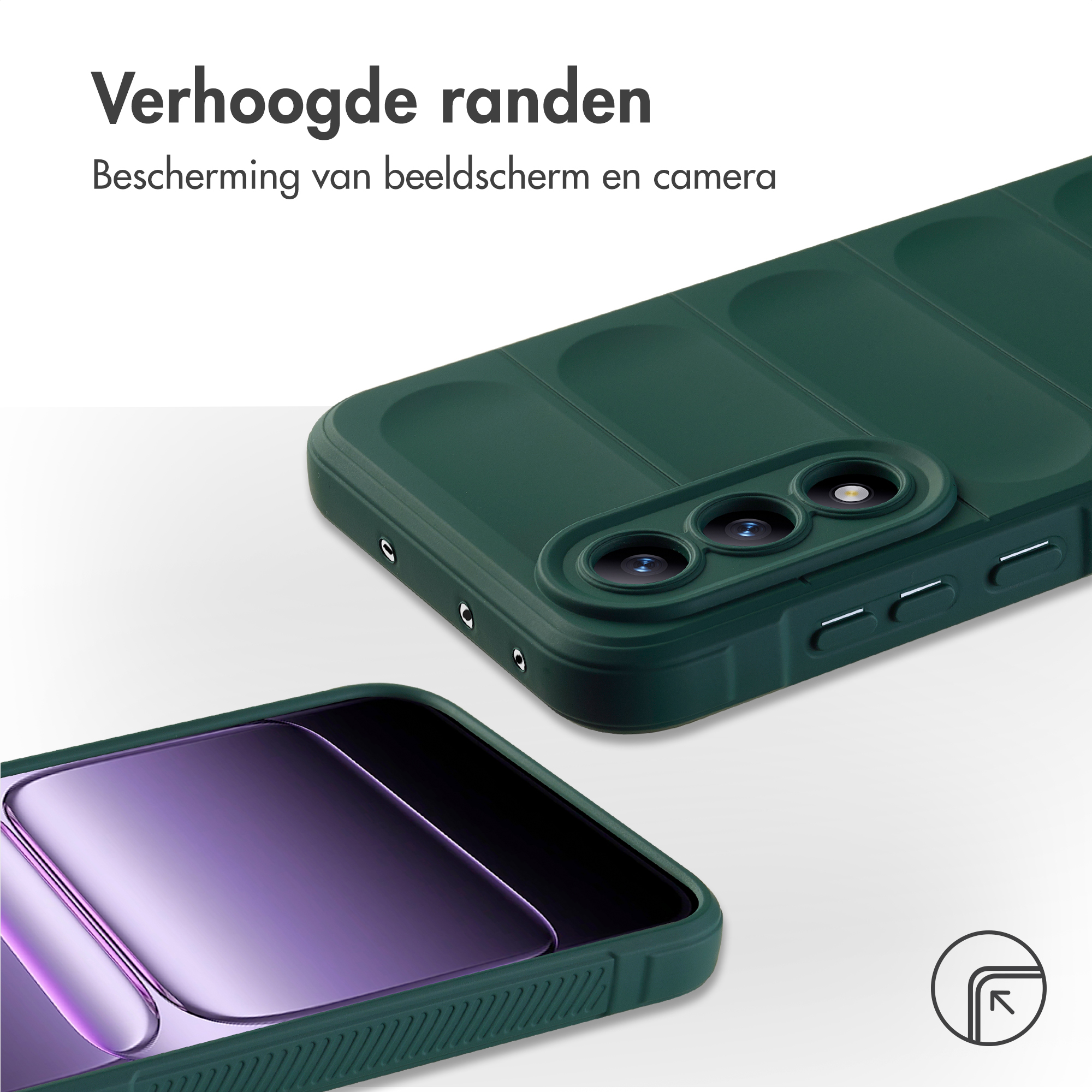 Donkergroene telefoonhoes met verhoogde randen toont cameramodule en deel scherm.