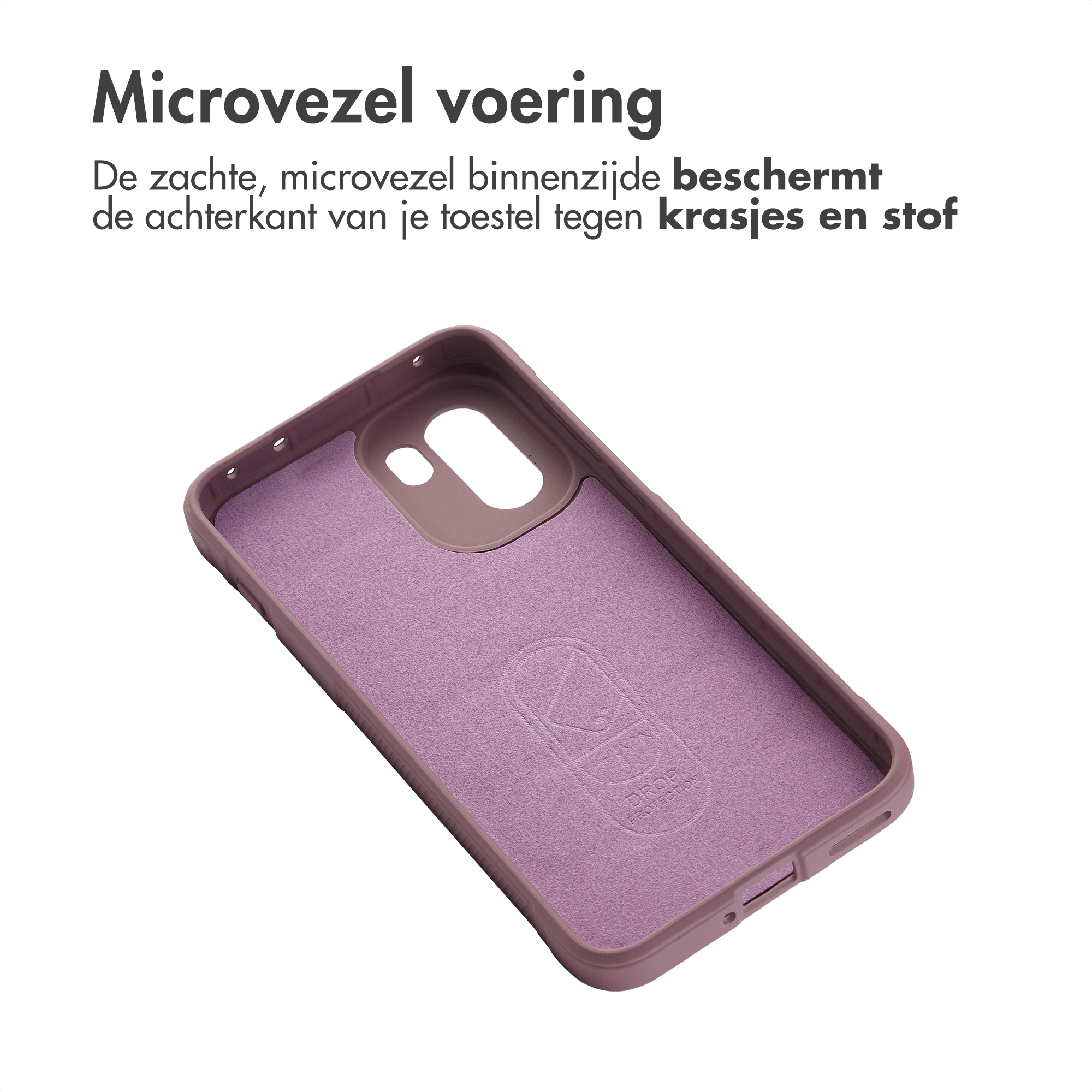 Paarse telefoonhoes met microvezel voering en "DROP PROTECTION" logo.