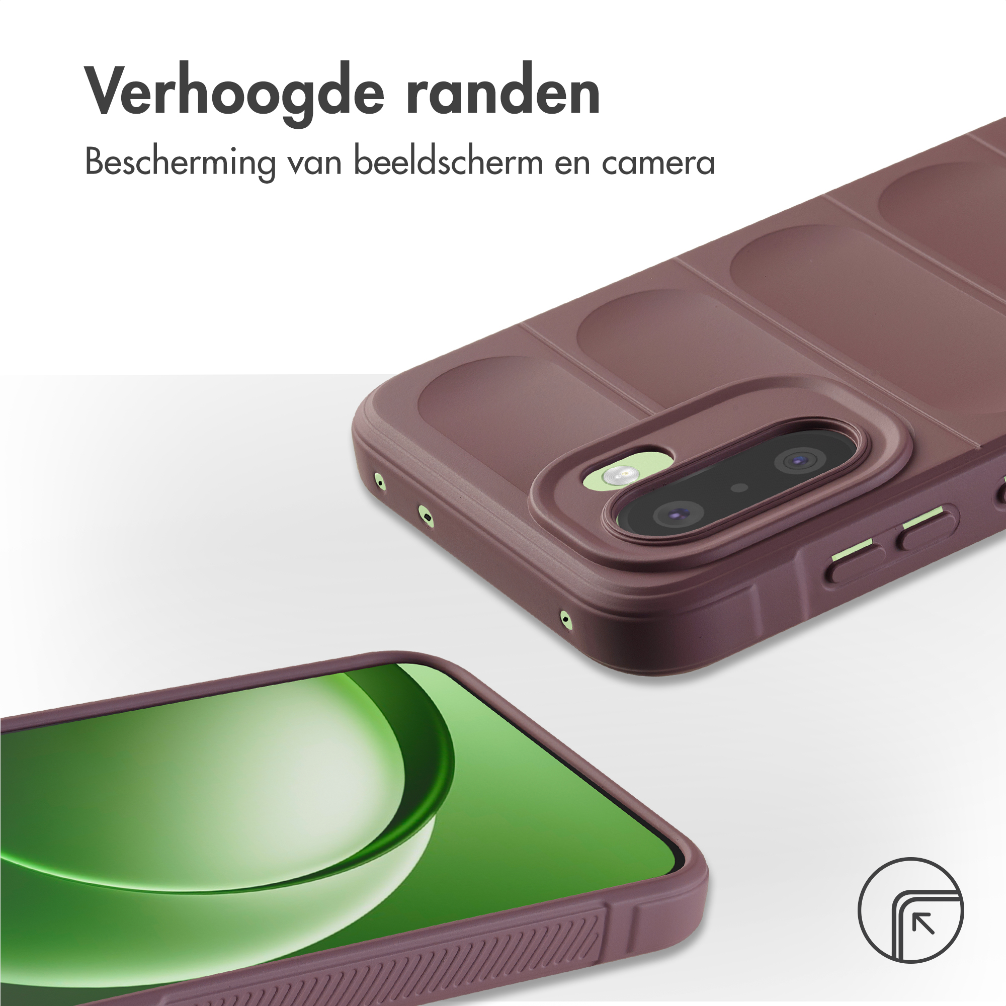 Bruine telefoonhoes met verhoogde randen voor scherm- en camerabescherming.