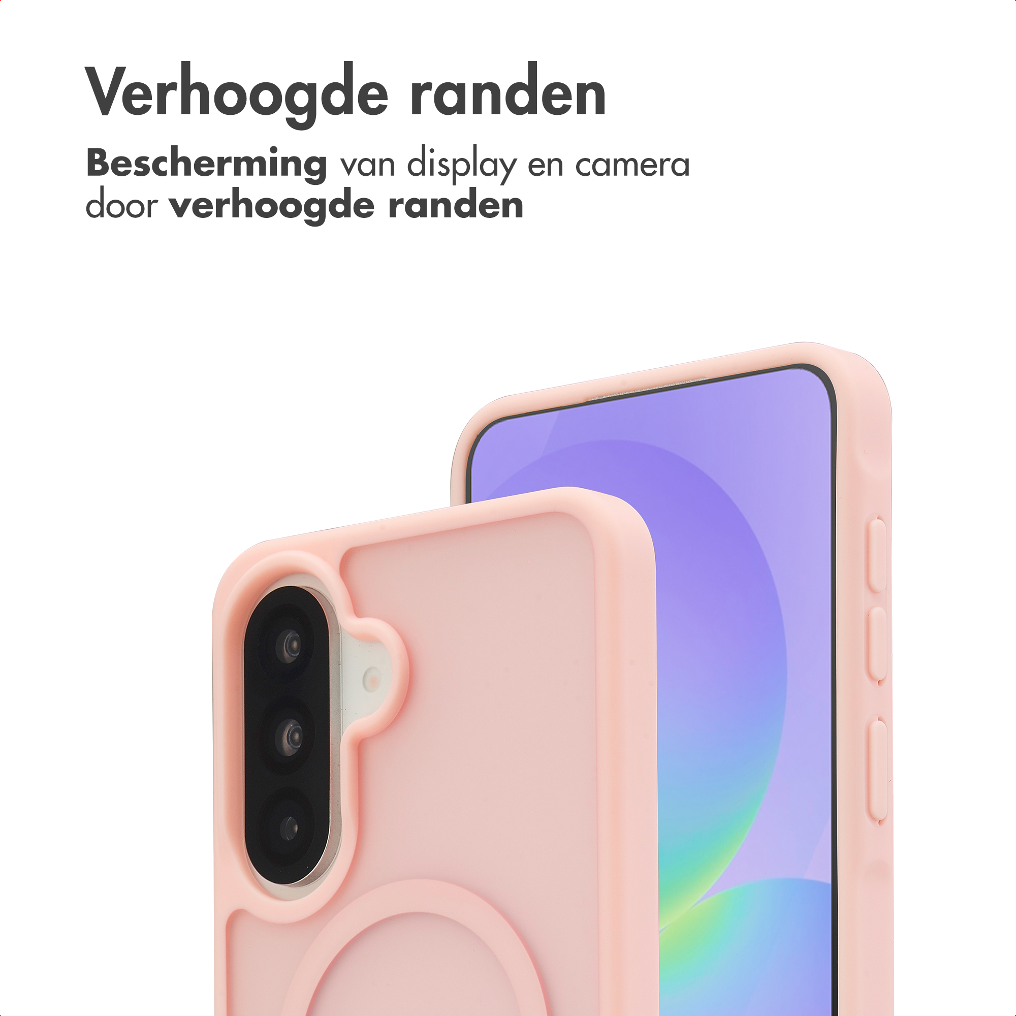 Een roze telefoonhoes met verhoogde randen beschermt het display en de camera's.
