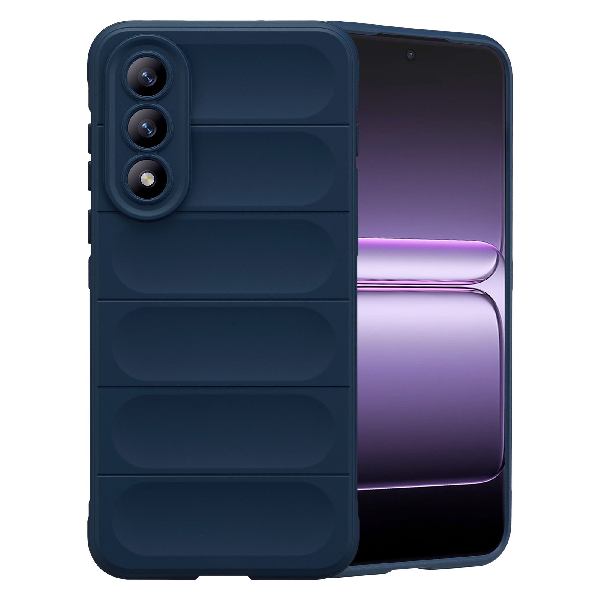 Coque de téléphone bleu foncé avec trois objectifs et un téléphone à écran violet.
