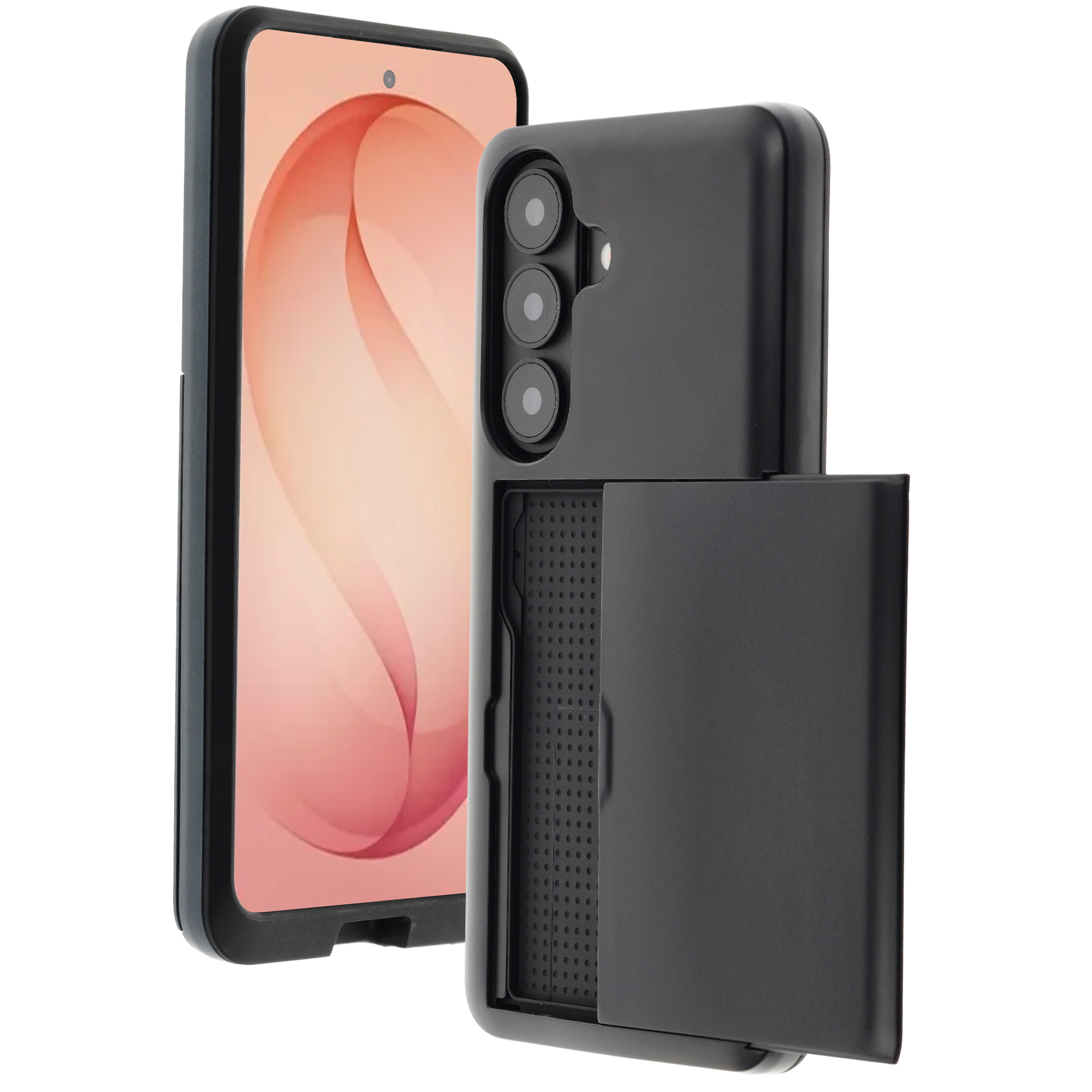Zwarte smartphone met open vak en camera's aan de achterkant, witte achtergrond.