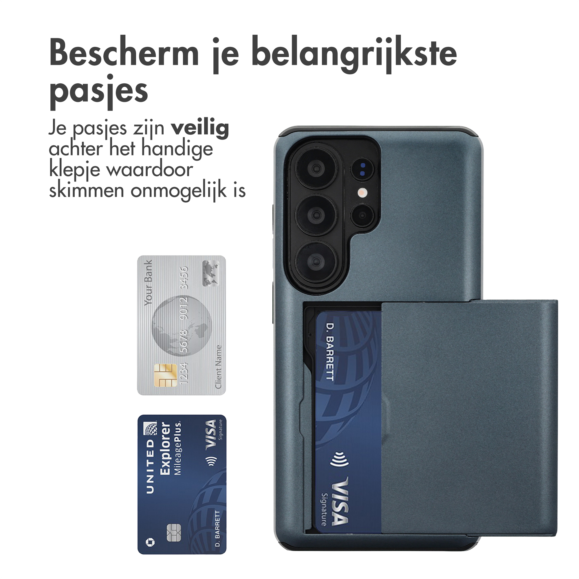 Telefoonhoes met kaartsleuf toont twee creditcards en de achterkant van de telefoon.