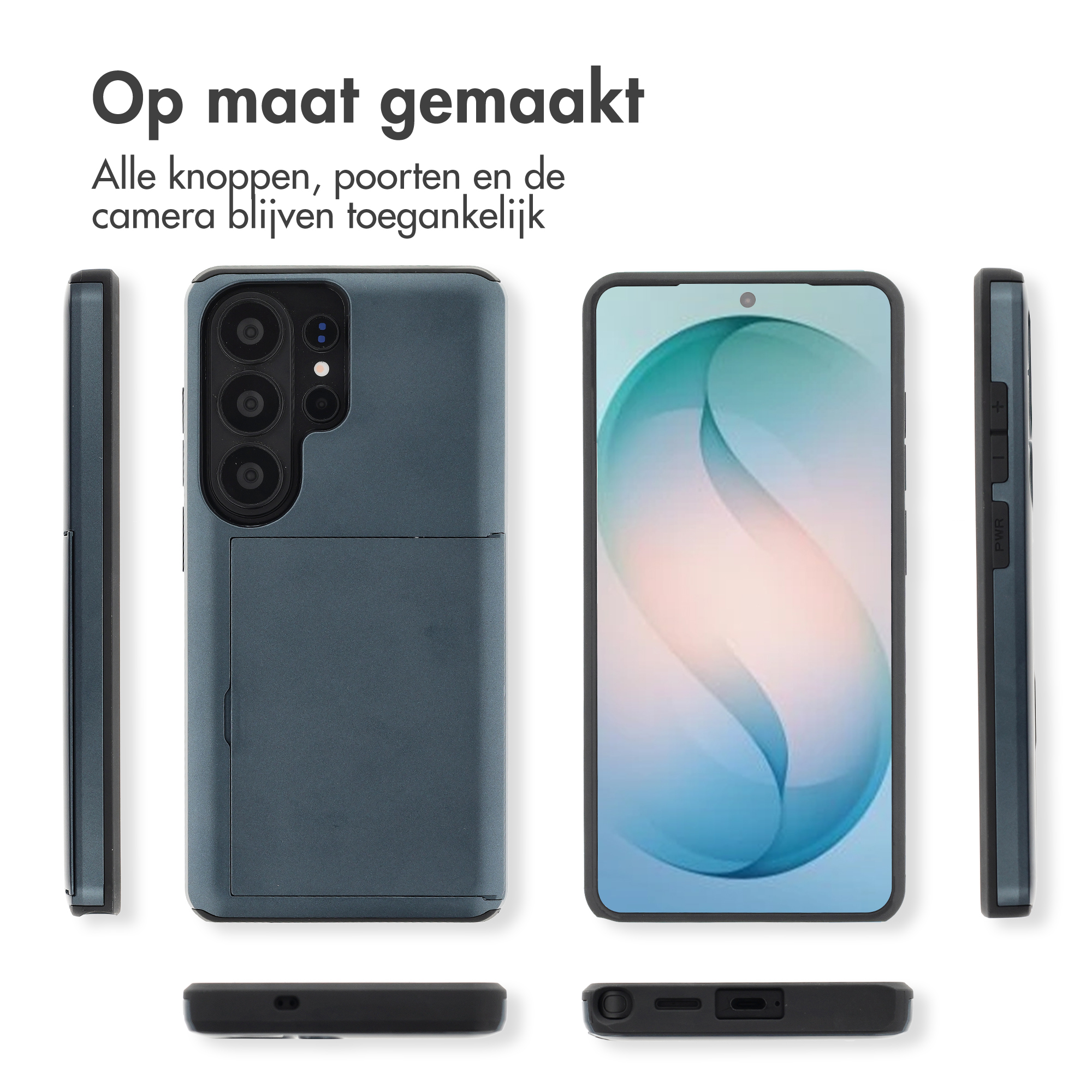Drie aanzichten van een donkergrijze telefoonhoes met kaartsleuf.