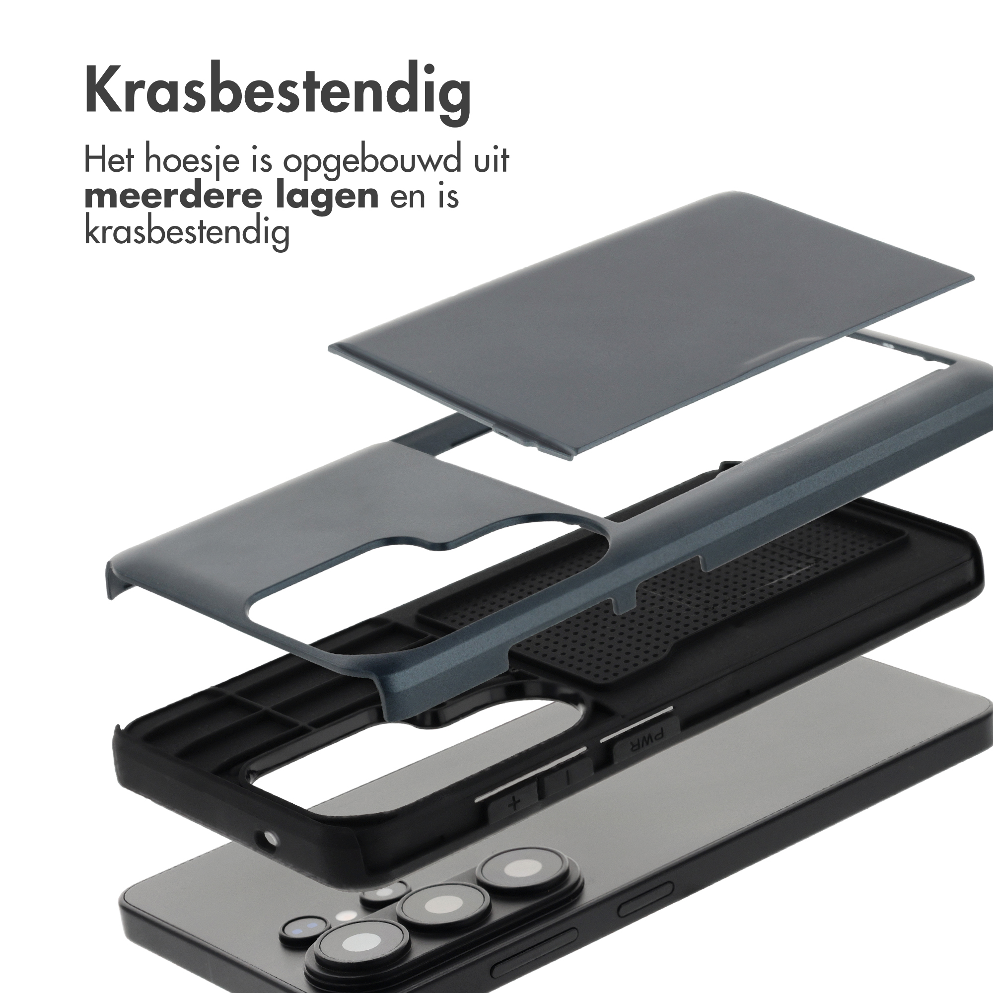 Explosie weergave van een grijze telefoonhoes, met meerdere lagen.