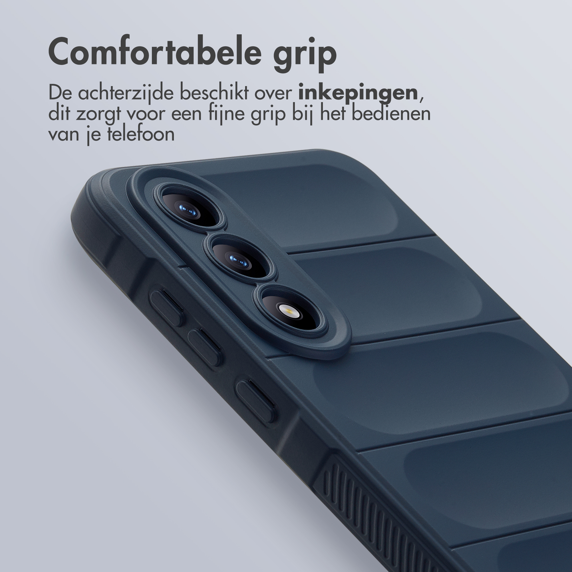 Coque de téléphone bleu foncé avec rainures pour une meilleure prise.