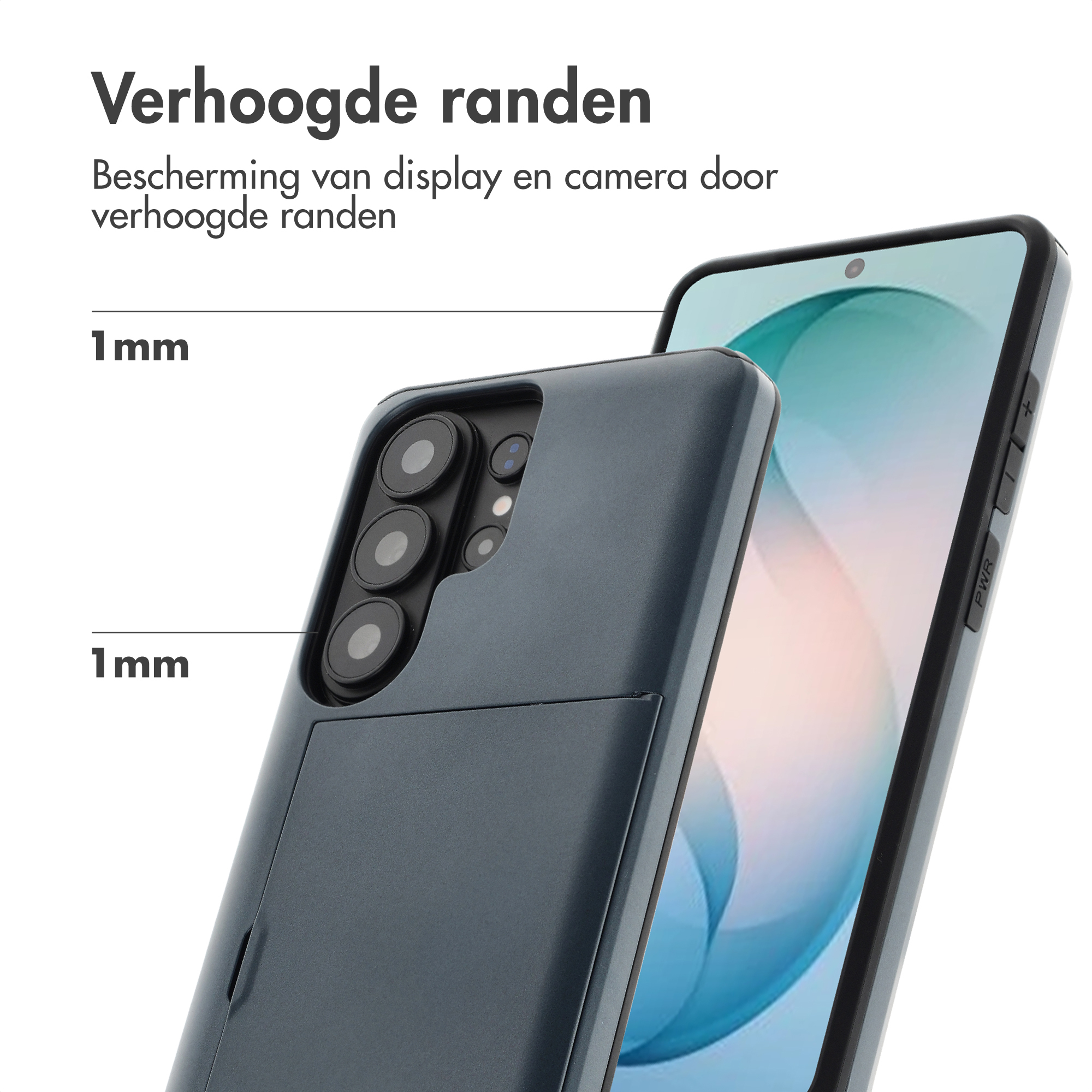 Donkergrijs telefoonhoesje met verhoogde randen van 1 mm.
