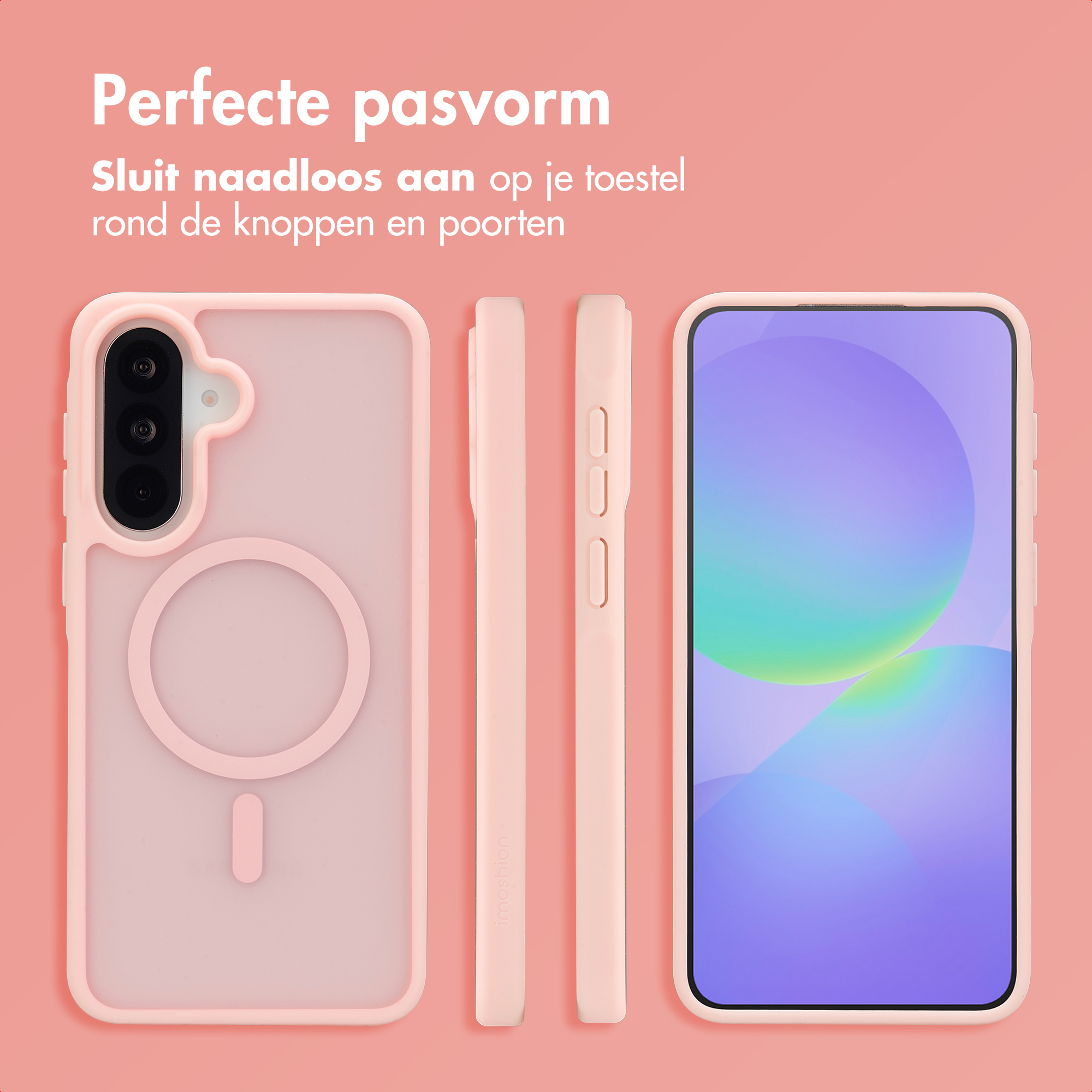 Een roze telefoonhoesje en smartphone tegen een roze achtergrond.