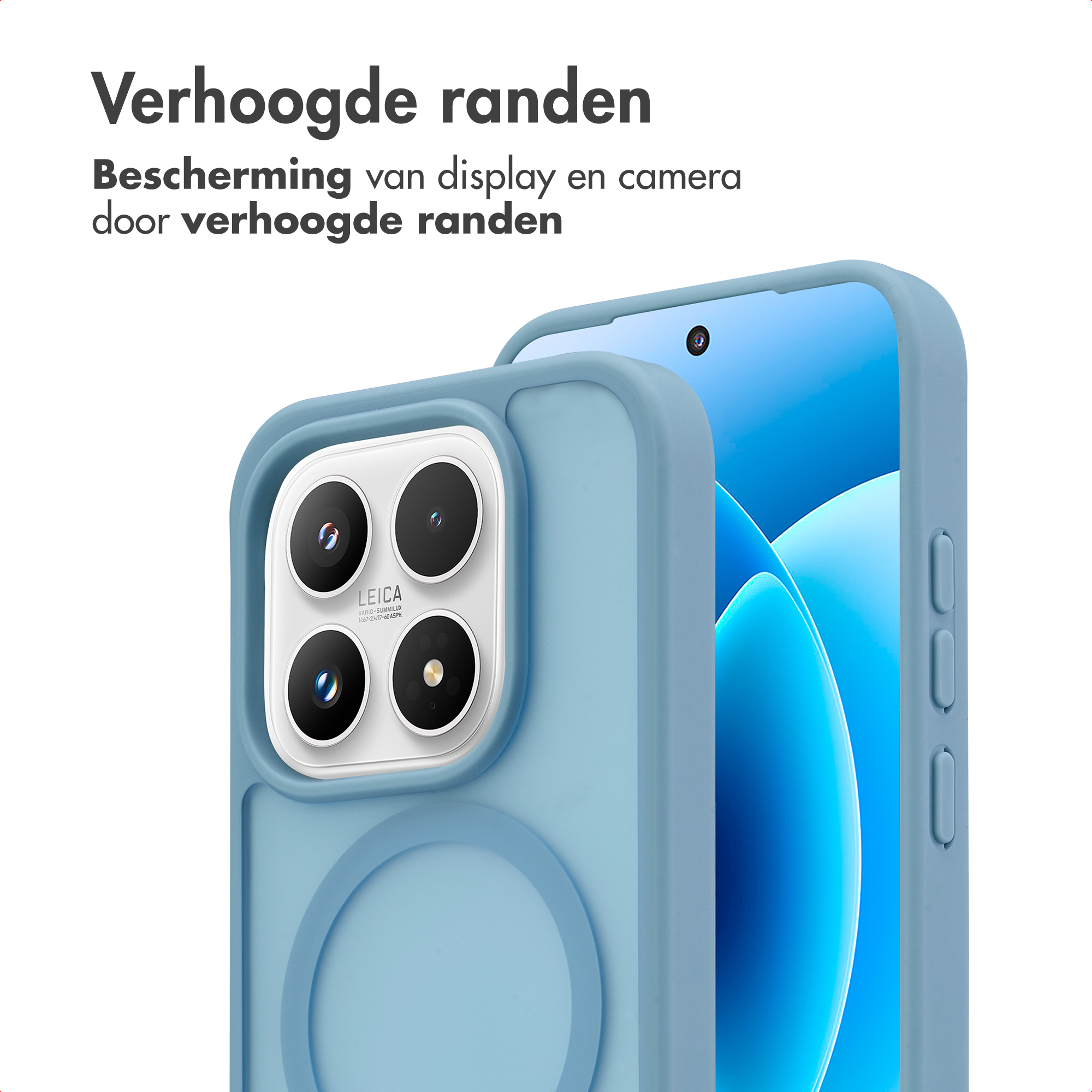 Een blauwe telefoon met camera's en verhoogde randen op witte achtergrond.
