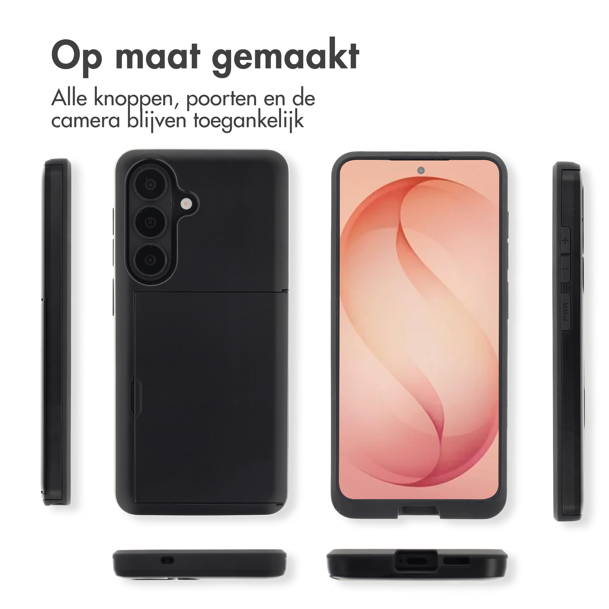 Zwarte telefoonhoes getoond vanuit voor-, achter-, zij- en onderaanzicht.