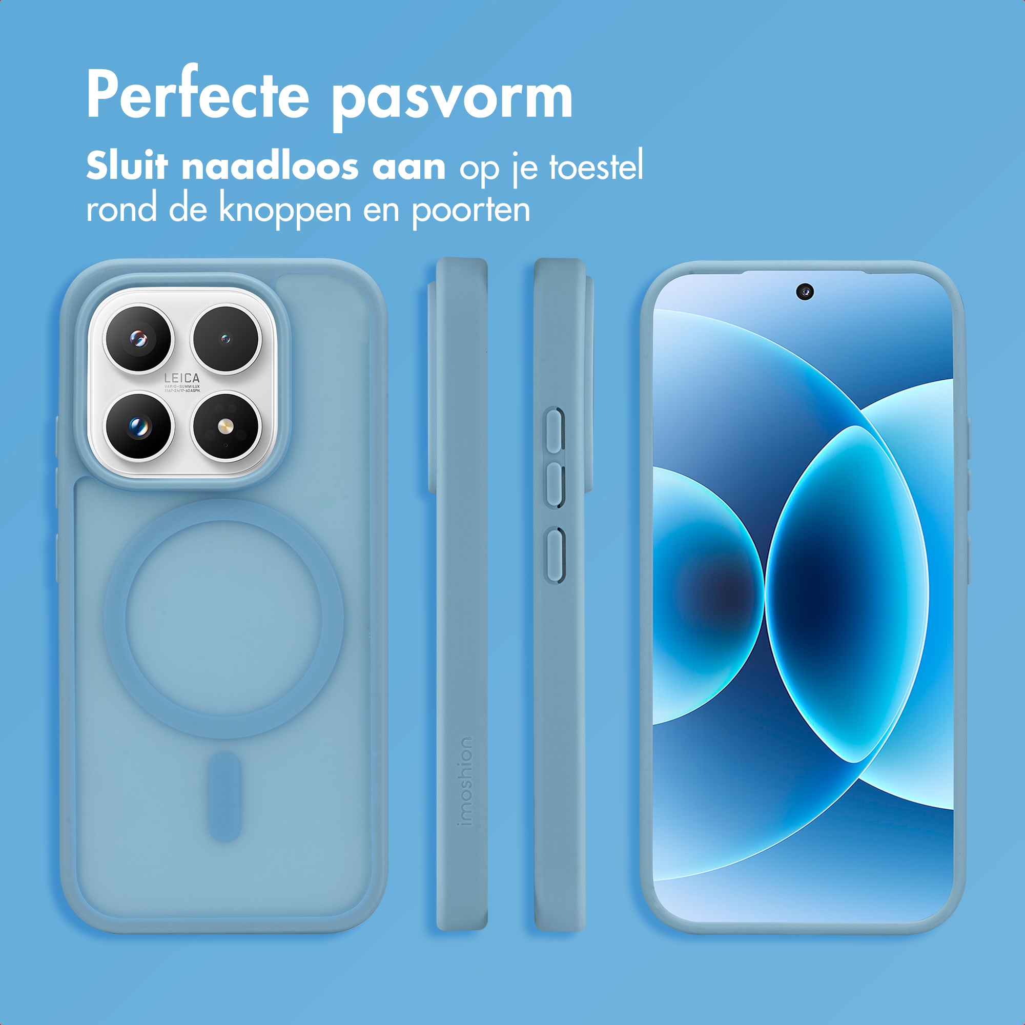 Blauw telefoonhoesje met camera-uitsparing, zijaanzicht en smartphone-display.