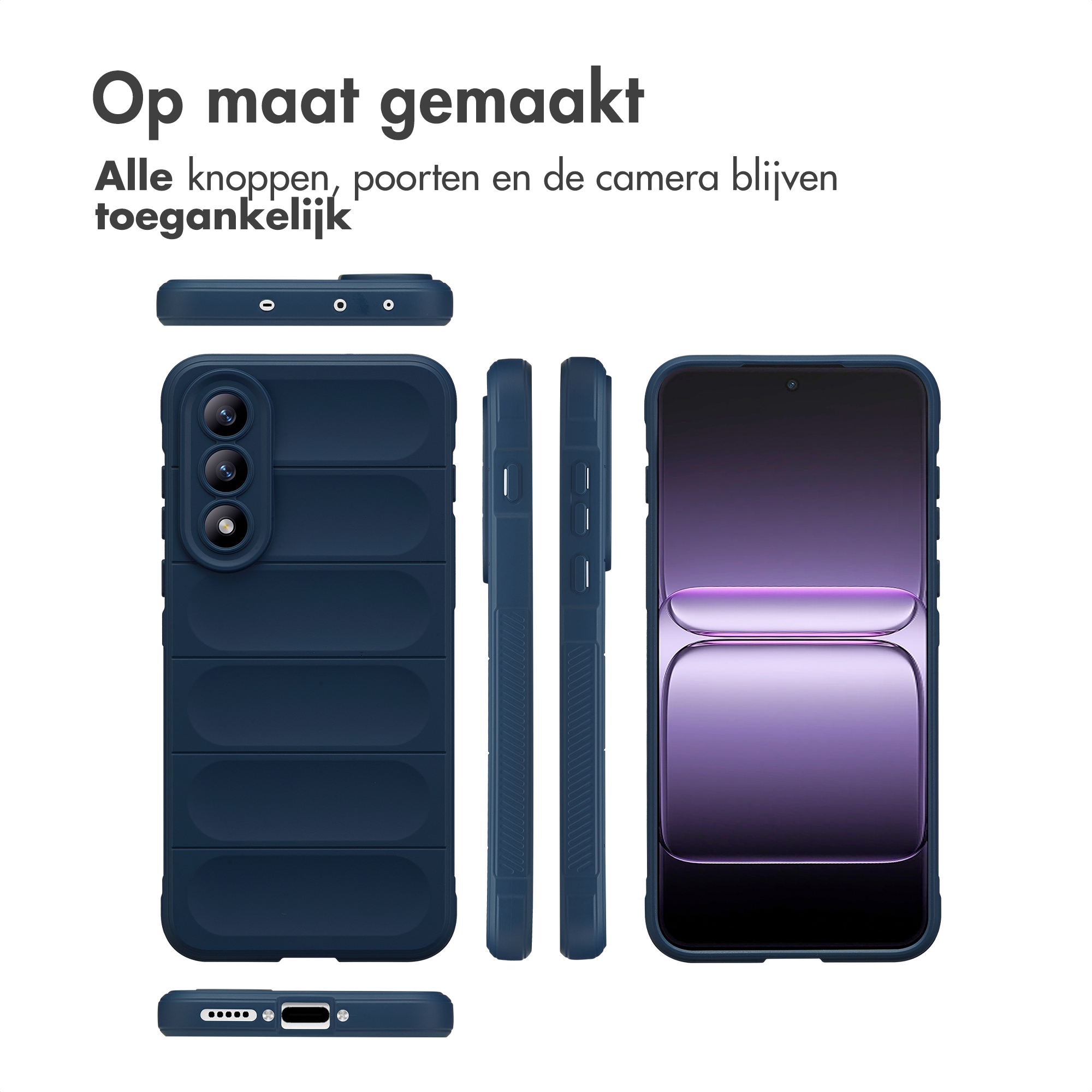 Coque de téléphone bleu foncé montrée sous plusieurs angles.