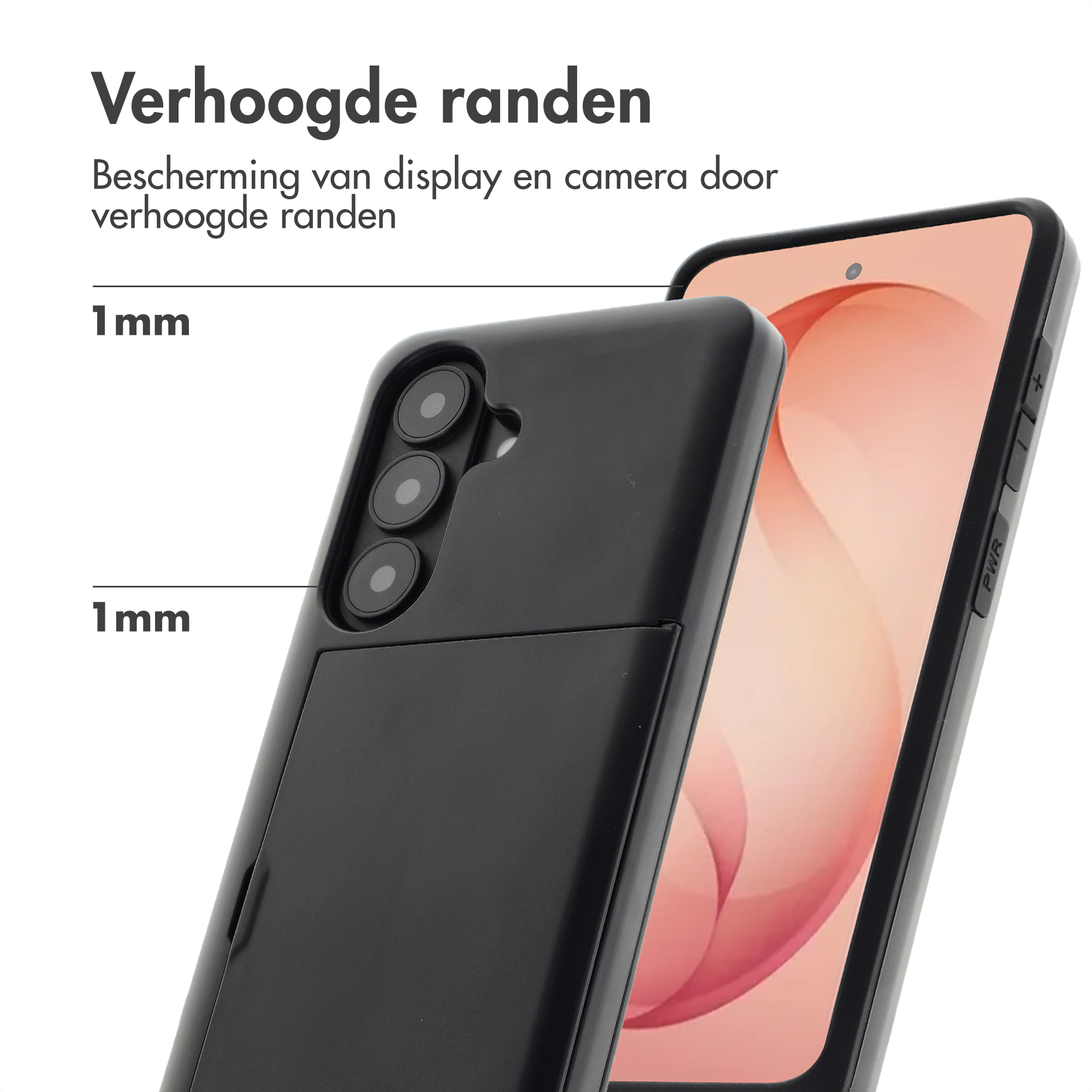 Zwarte telefoonhoes met verhoogde randen, 1 mm rand voor scherm.