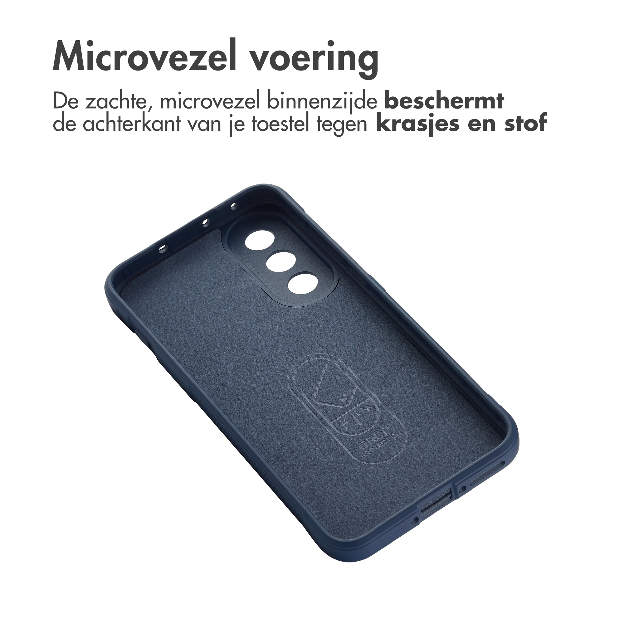 Coque de téléphone bleu foncé, intérieur doublé de microfibre et logo.