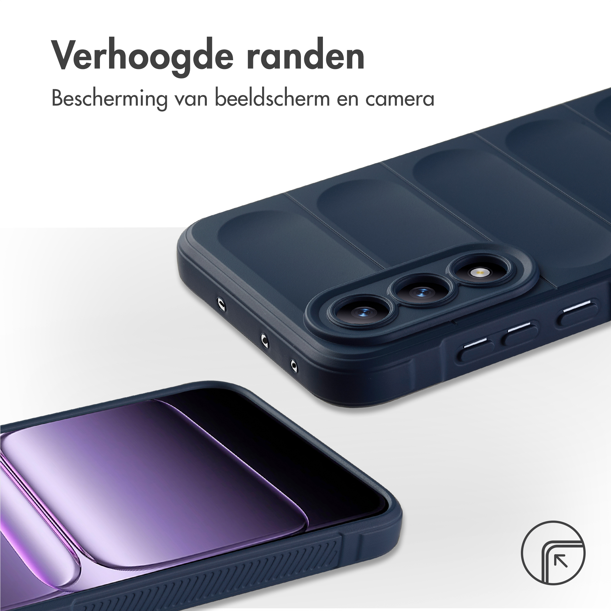 Coque de téléphone bleu foncé à bords surélevés montre caméras et écran.