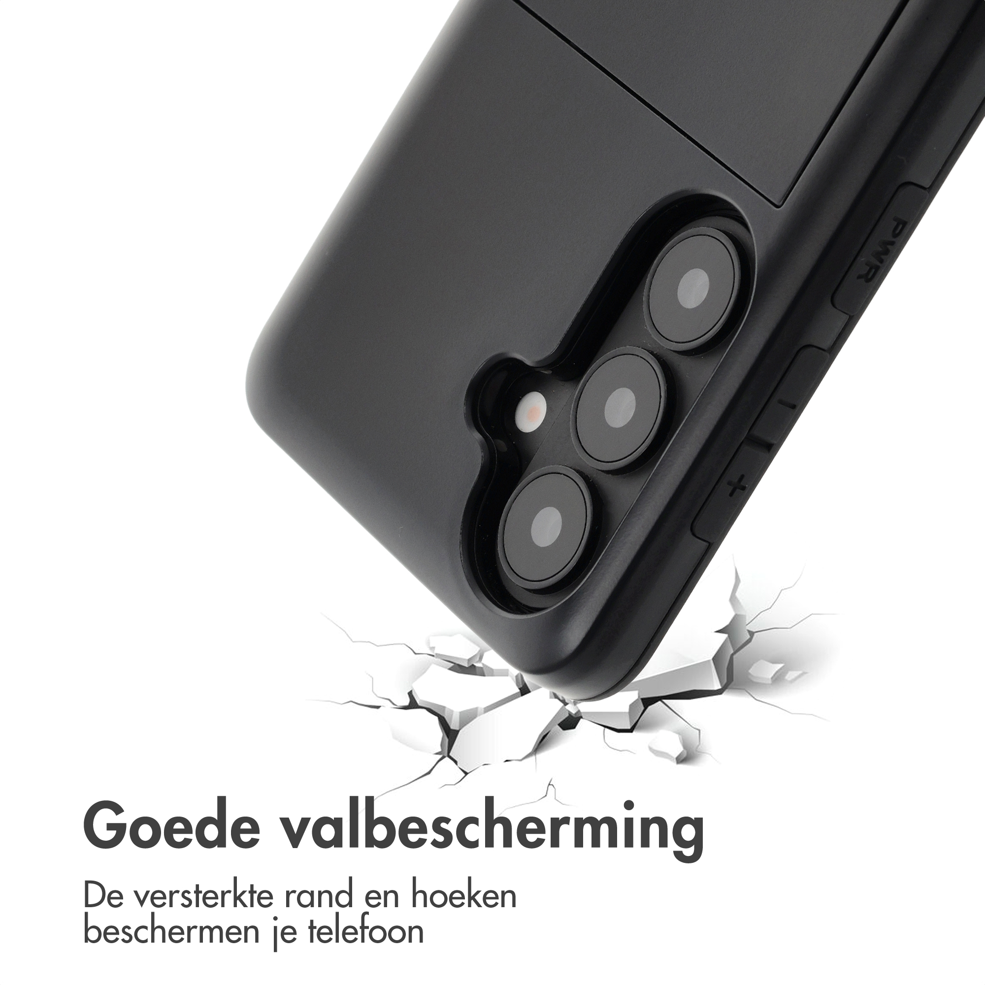 Zwarte telefoonhoes met camera's op gebroken ondergrond.