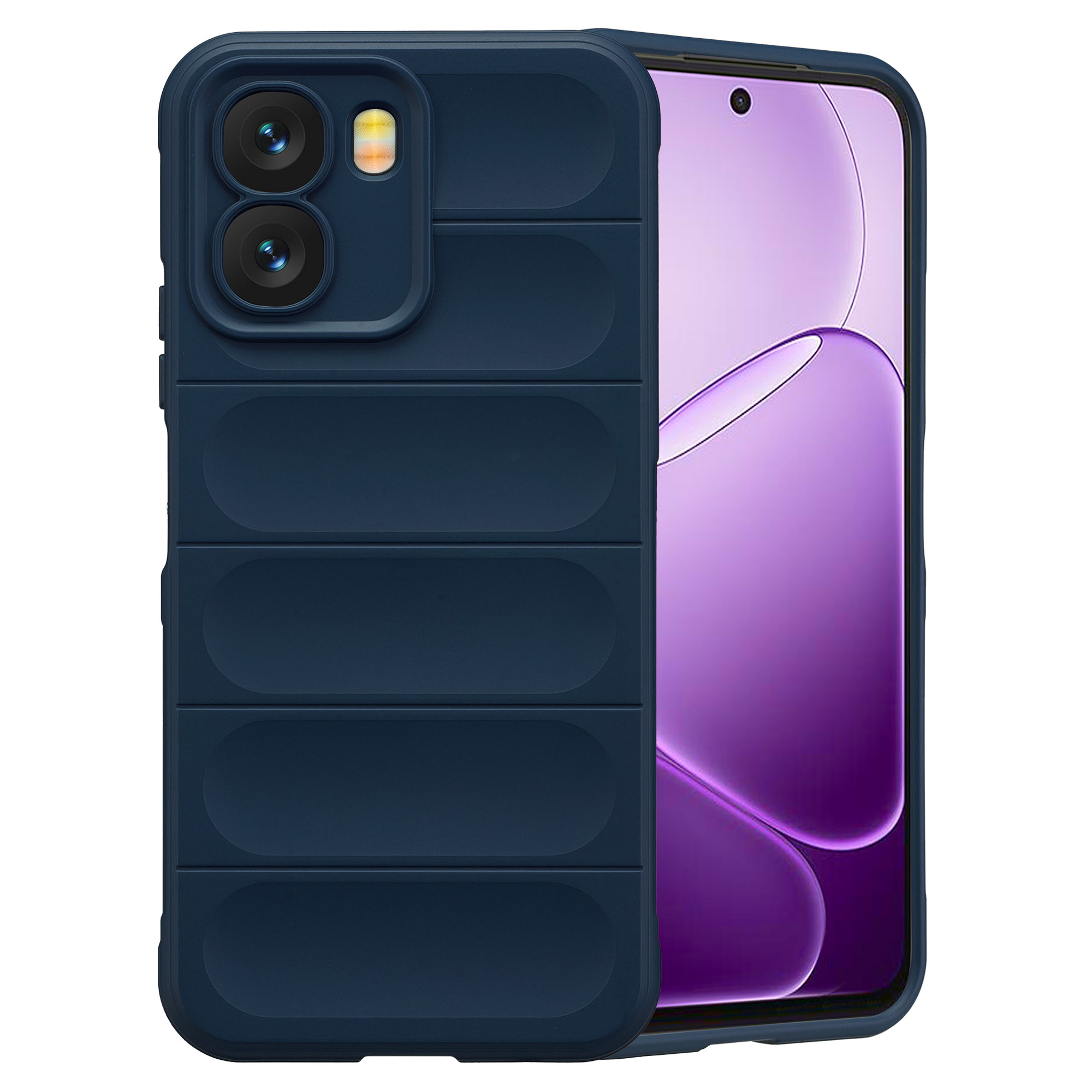 Donkerblauwe telefoonhoes met horizontale ribbels en twee cameralenzen.