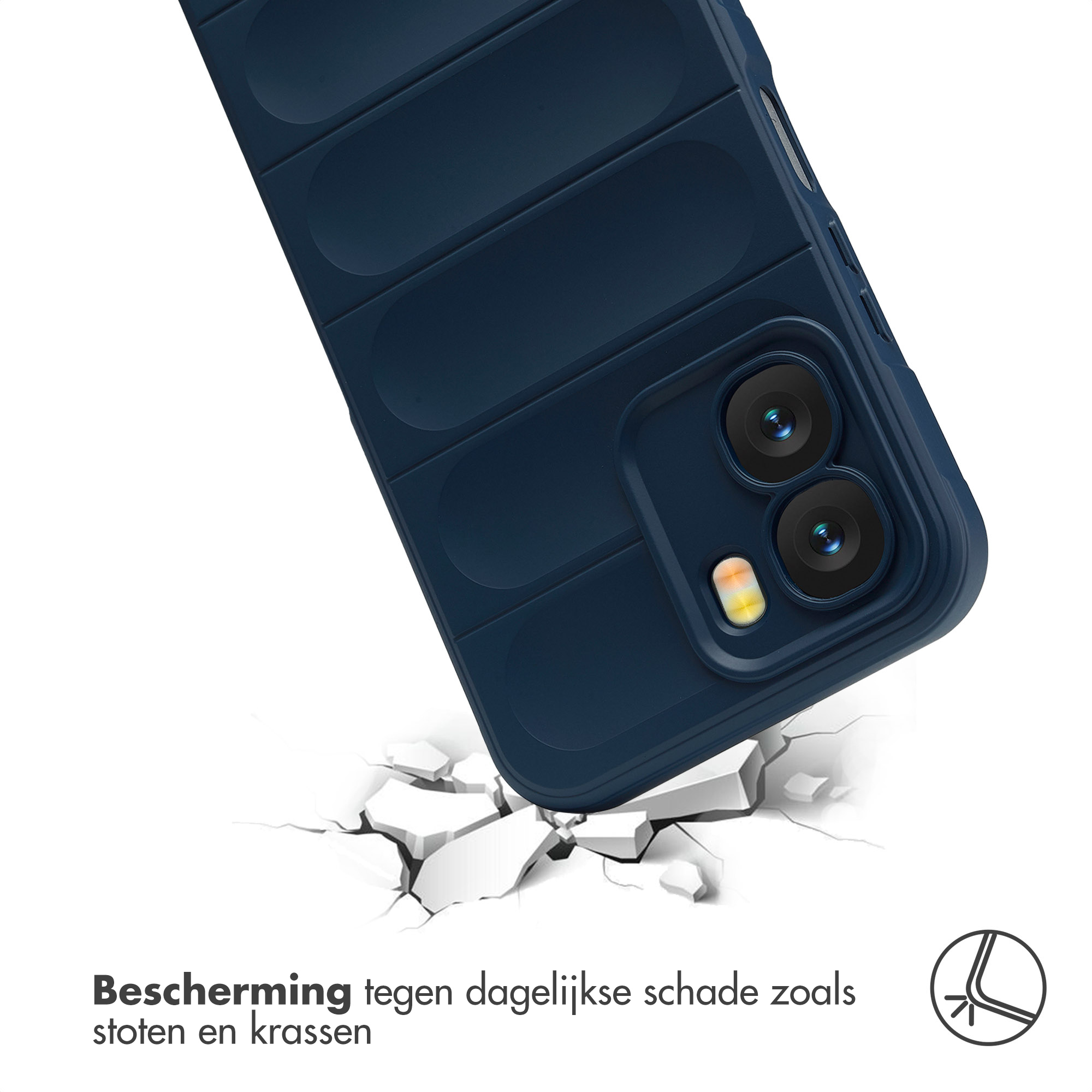 Donkerblauwe telefoonhoes valt op wit oppervlak dat breekt.