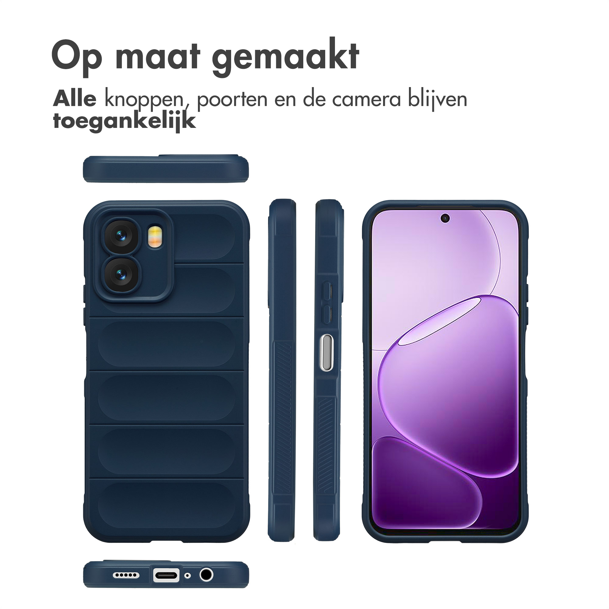 Donkerblauwe ribbel telefoonhoes, voor-, achter- en zijaanzichten.