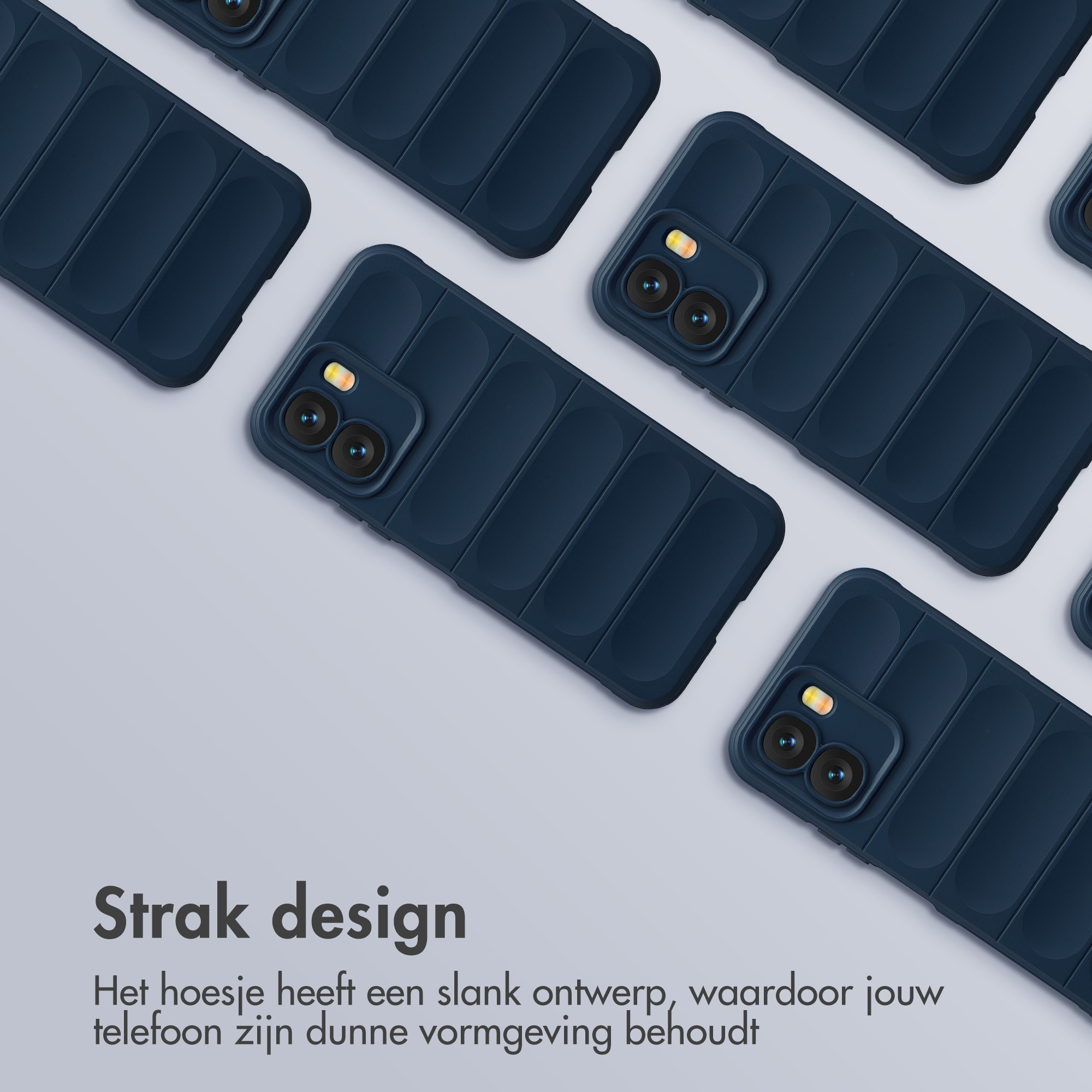 Meerdere donkerblauwe ribbel telefoonhoesjes op een lichtgrijze achtergrond.