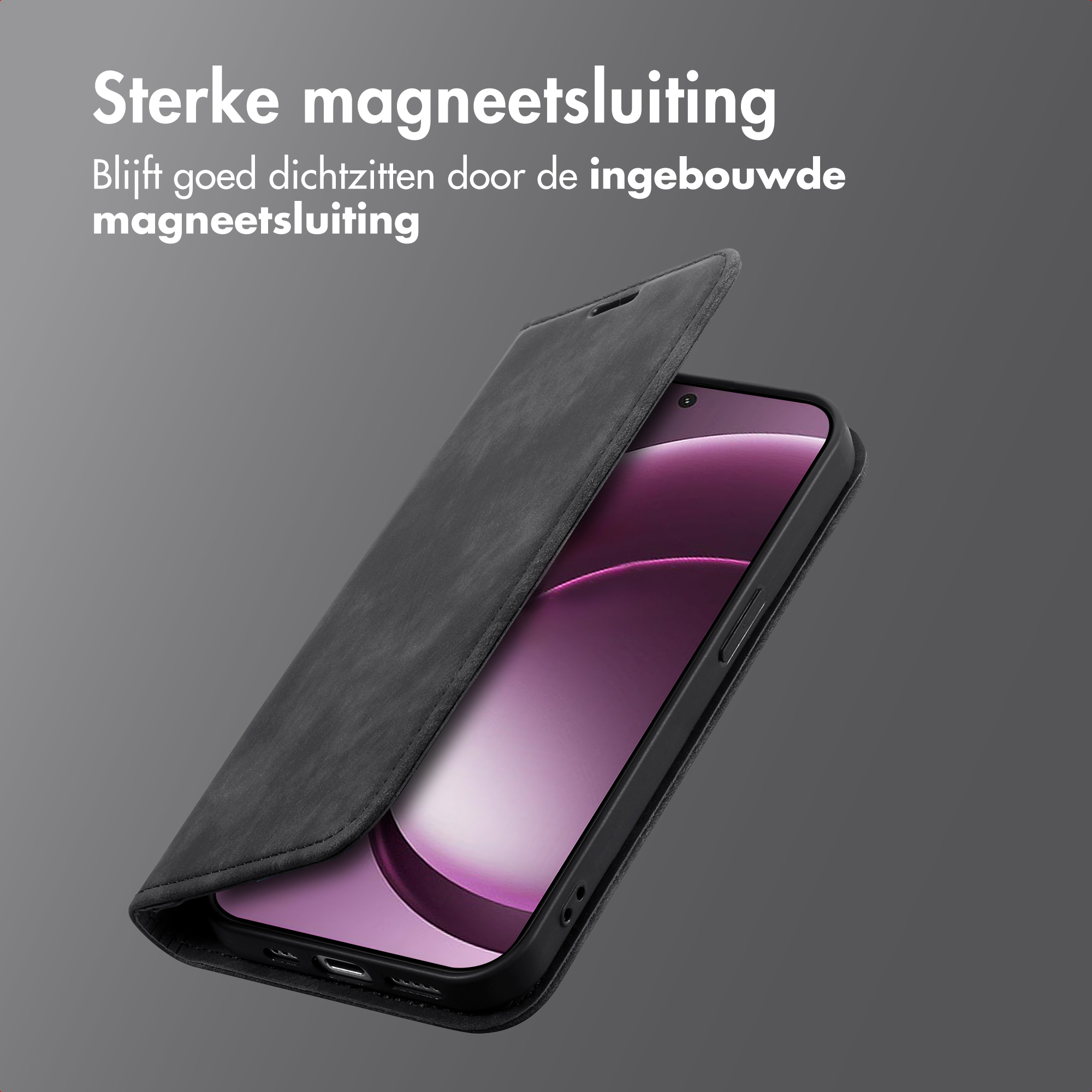 Smartphone noir avec un rabat ouvert révélant un écran violet.