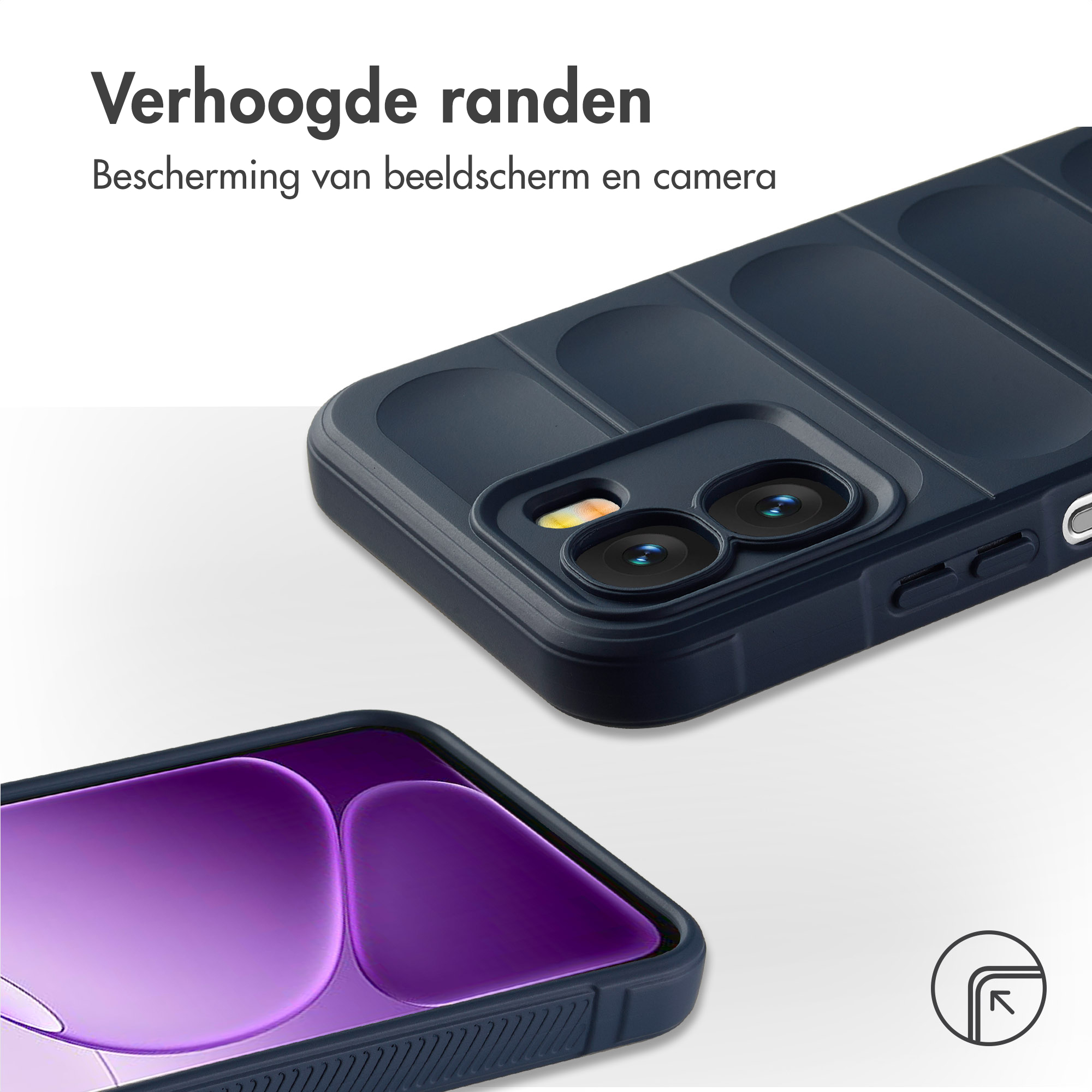 Donkerblauwe telefoonhoes met verhoogde randen voor scherm- en camerabescherming.