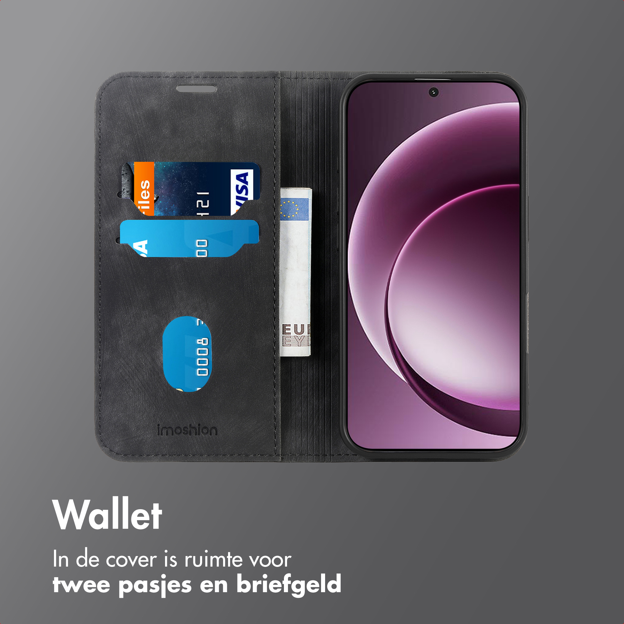 Étui portefeuille flip noir avec téléphone, cartes et argent. Logo Imoshion.