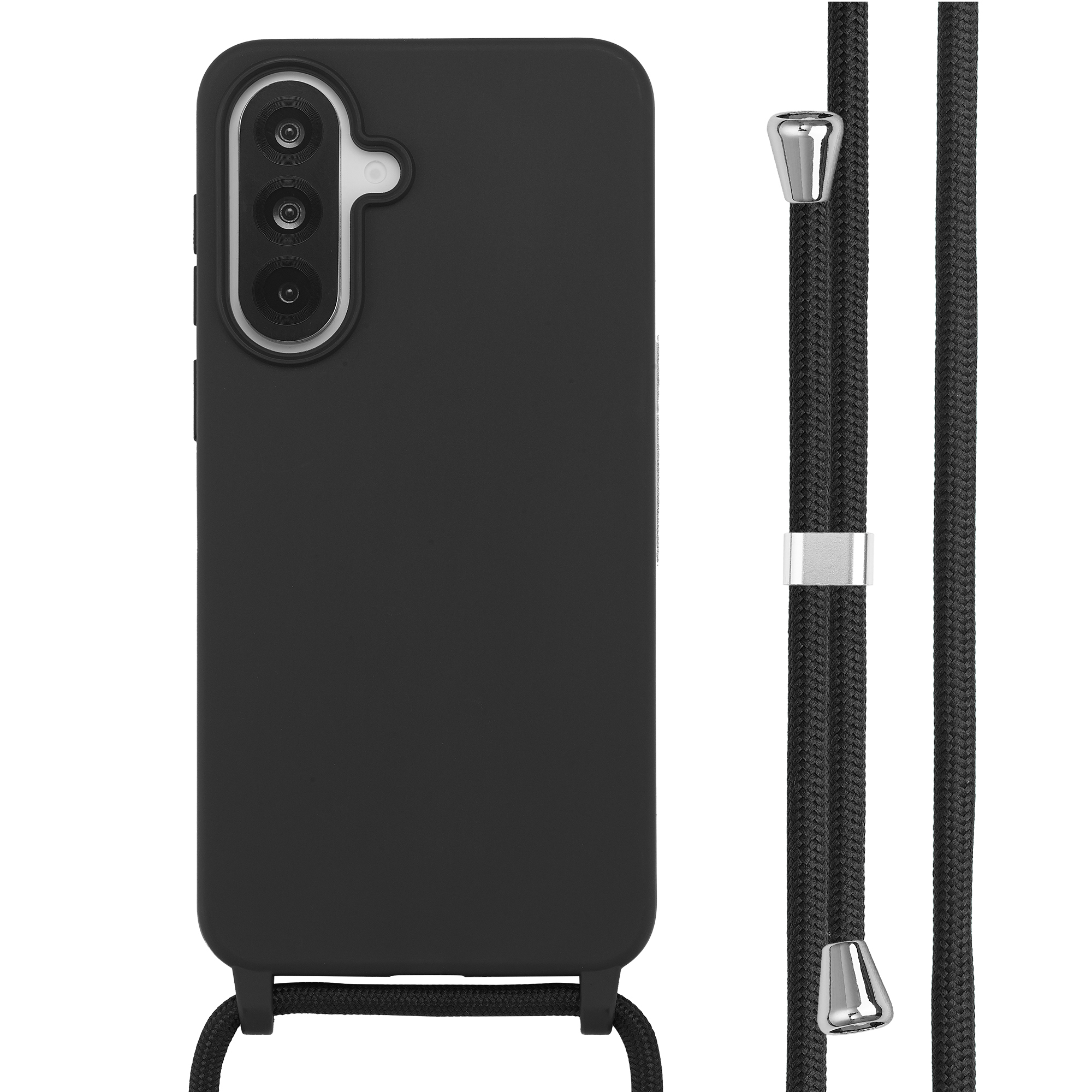 Zwarte telefoonhoes met camerasysteem en draagkoord met zilveren beslag.