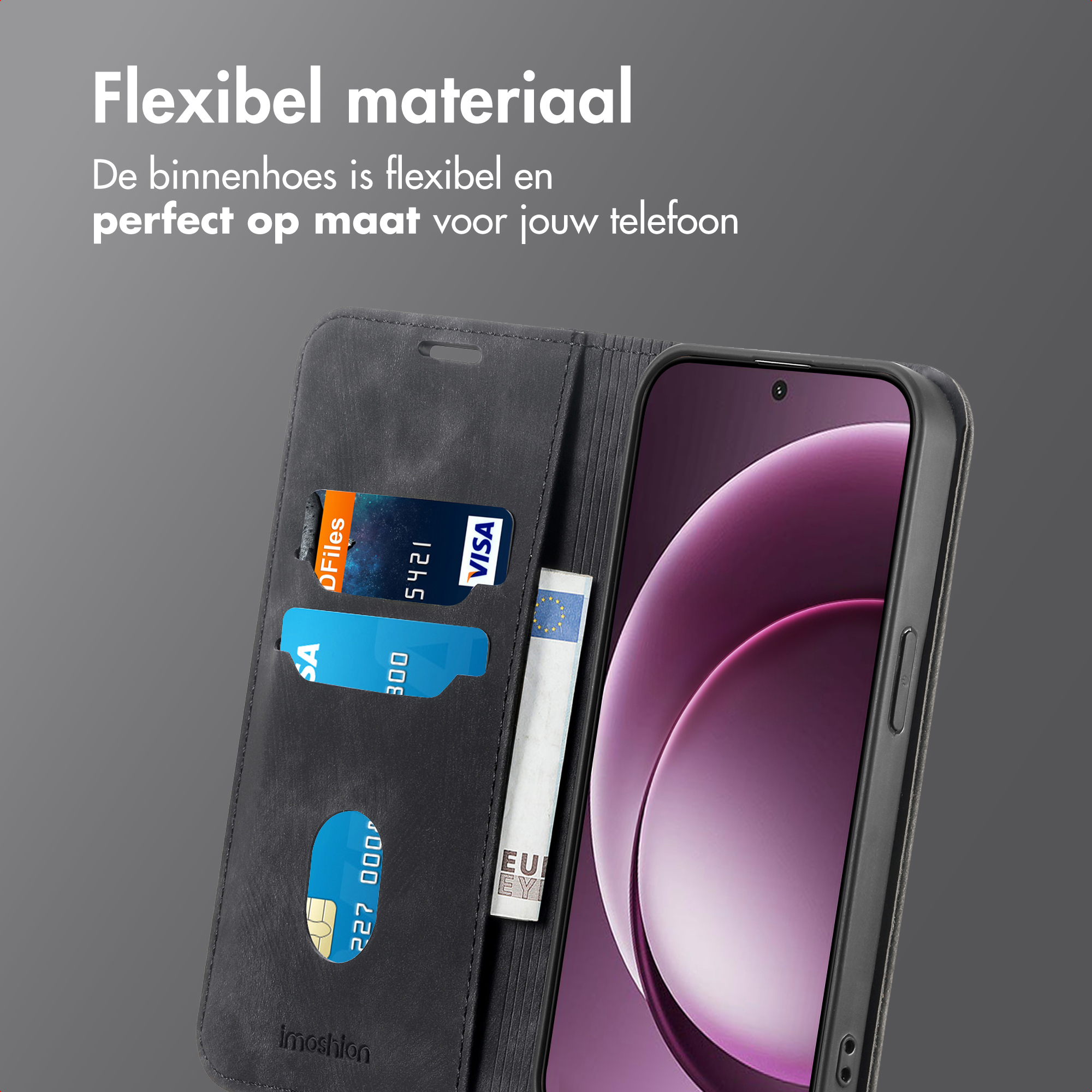 Étui de téléphone noir avec fentes pour cartes et un billet en euros. Un téléphone est inséré.