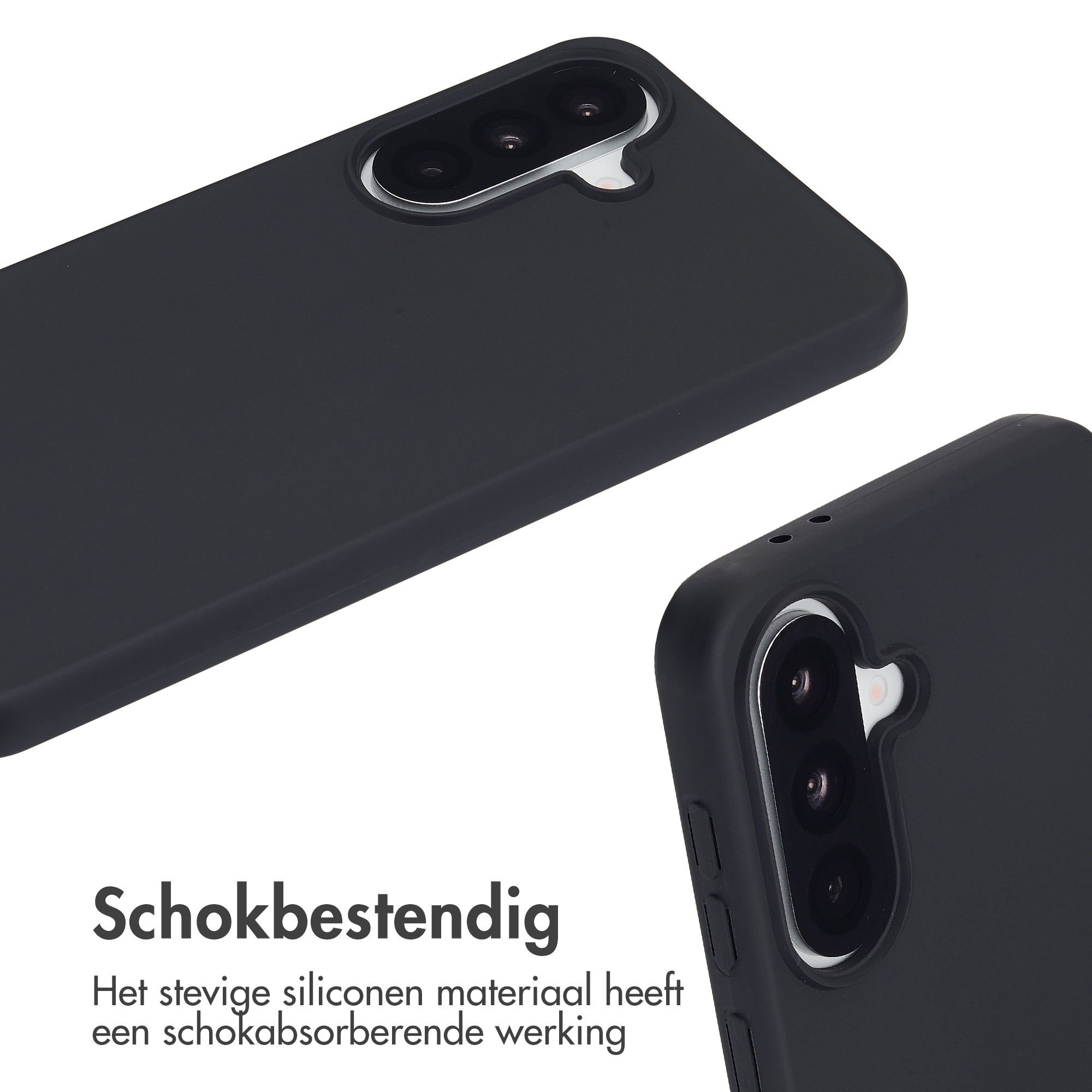 Twee zwarte telefoonhoesjes met camera-uitsparingen op witte achtergrond.