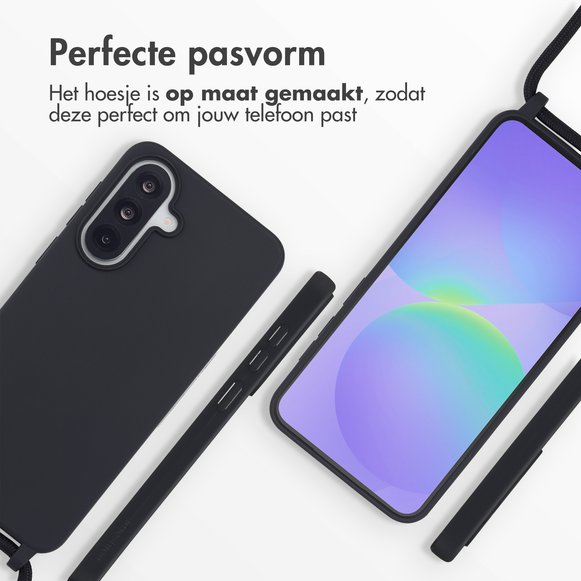 Zwart telefoonhoesje met cameralens en nekband. Perfecte pasvorm.