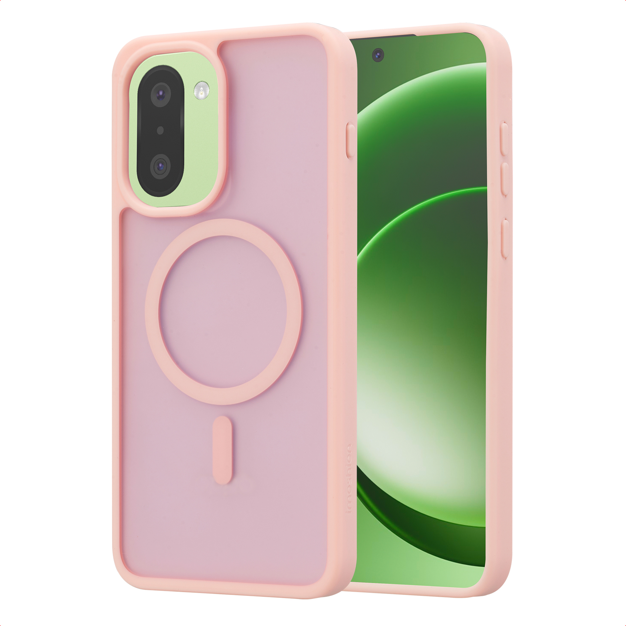 Een roze telefoonhoesje met groene cameraplatform en MagSafe-ring.