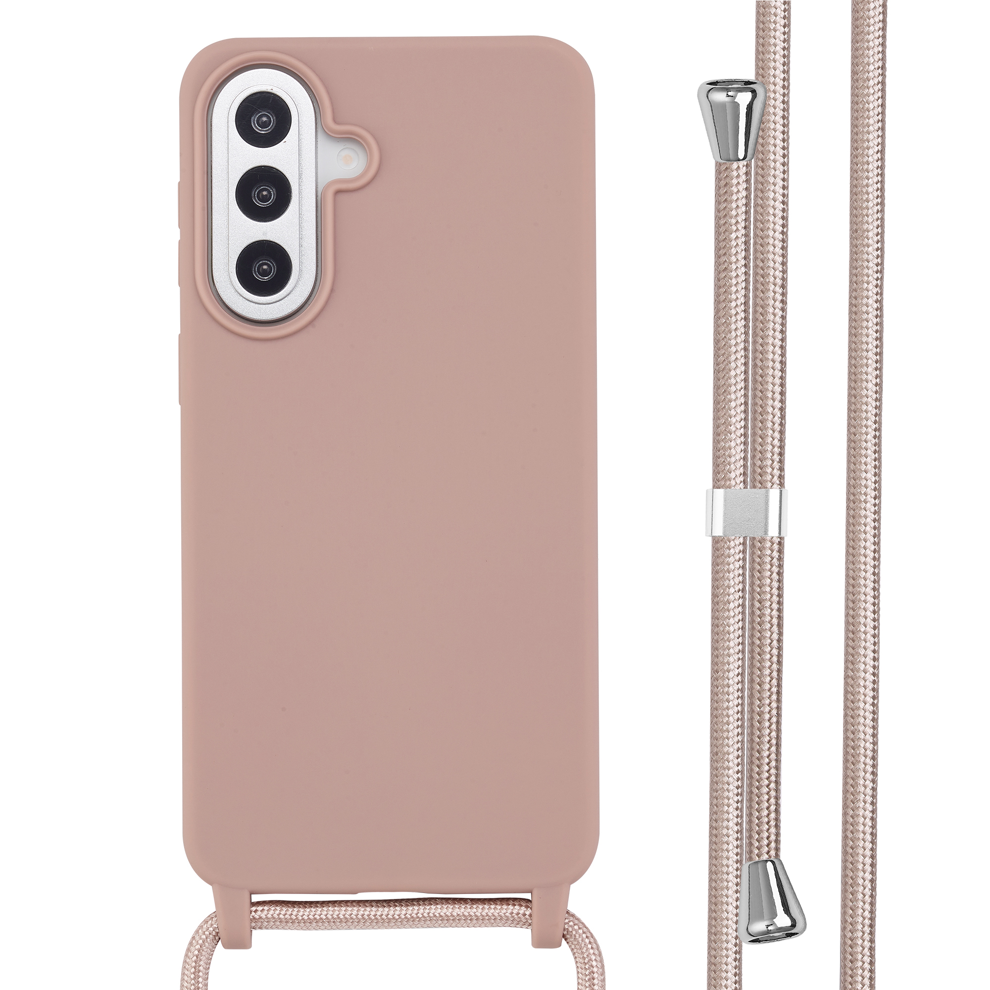 Een stoffen roze telefoonhoes met drie camera's en een koord.