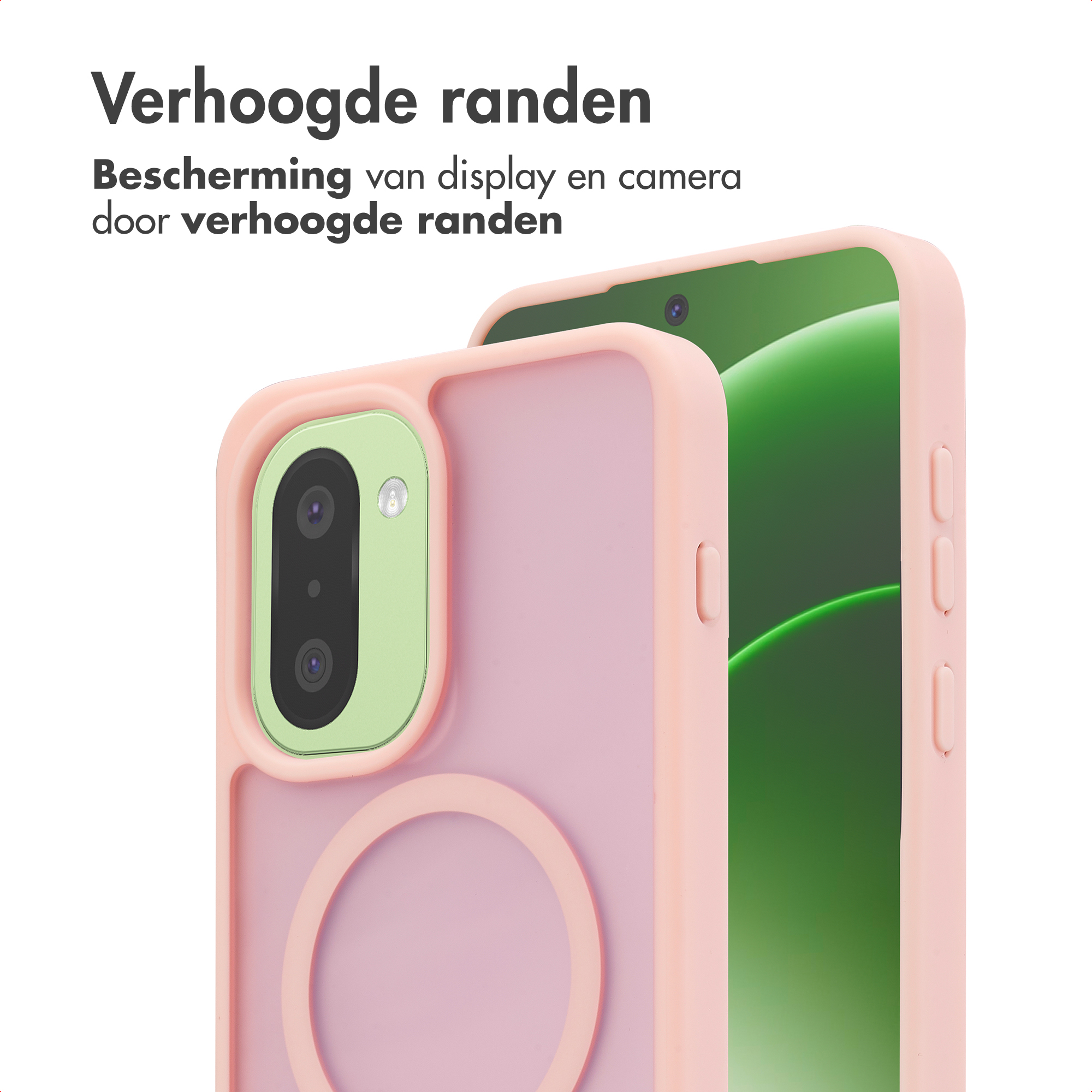 Een roze telefoonhoesje met verhoogde randen en een camera-uitsparing.