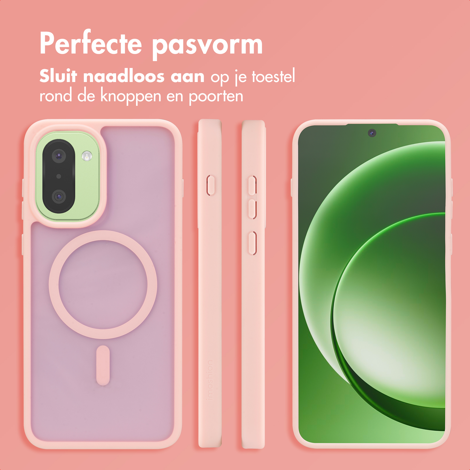 Een roze telefoonhoesje met MagSafe en een telefoon met groene achtergrond.