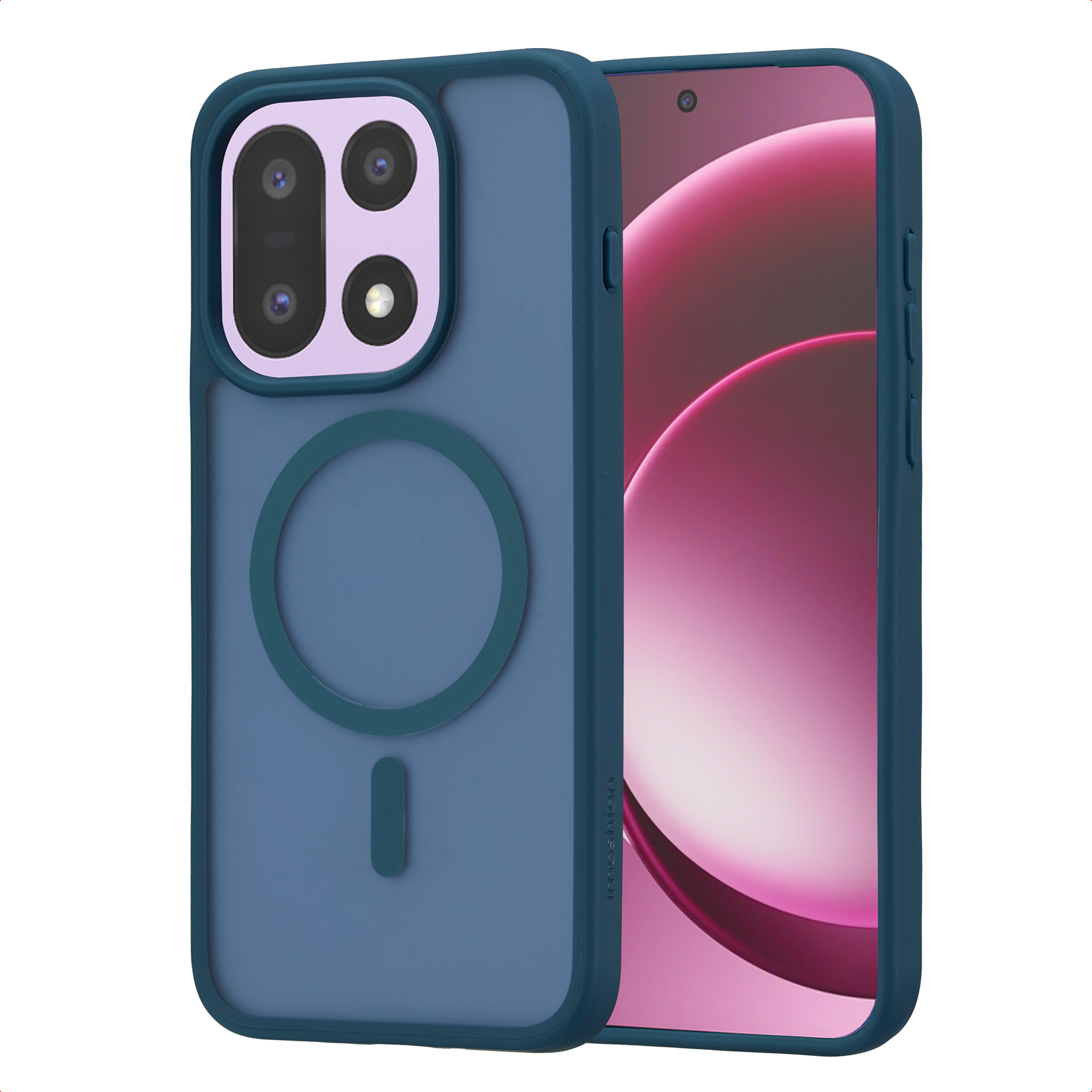Une coque de téléphone bleue avec module caméra et anneau magnétique.
