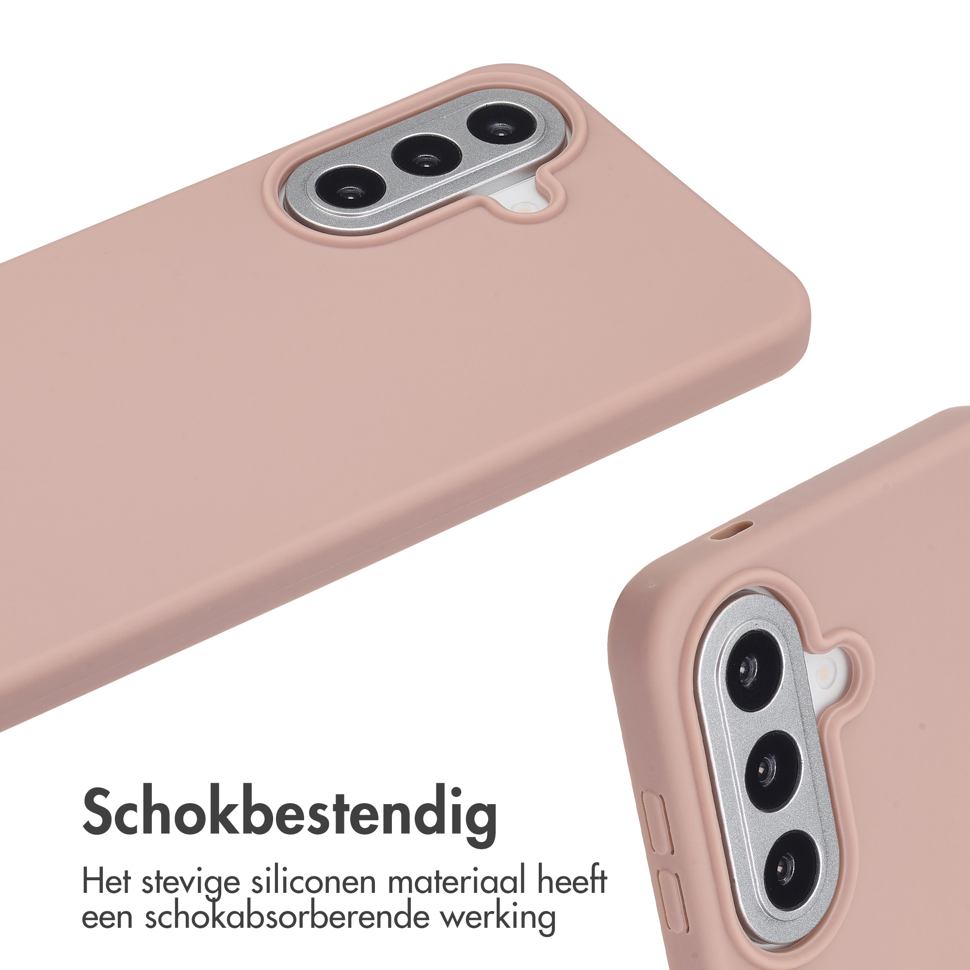 Roze telefoonhoes met drie cameralenzen en tekst.