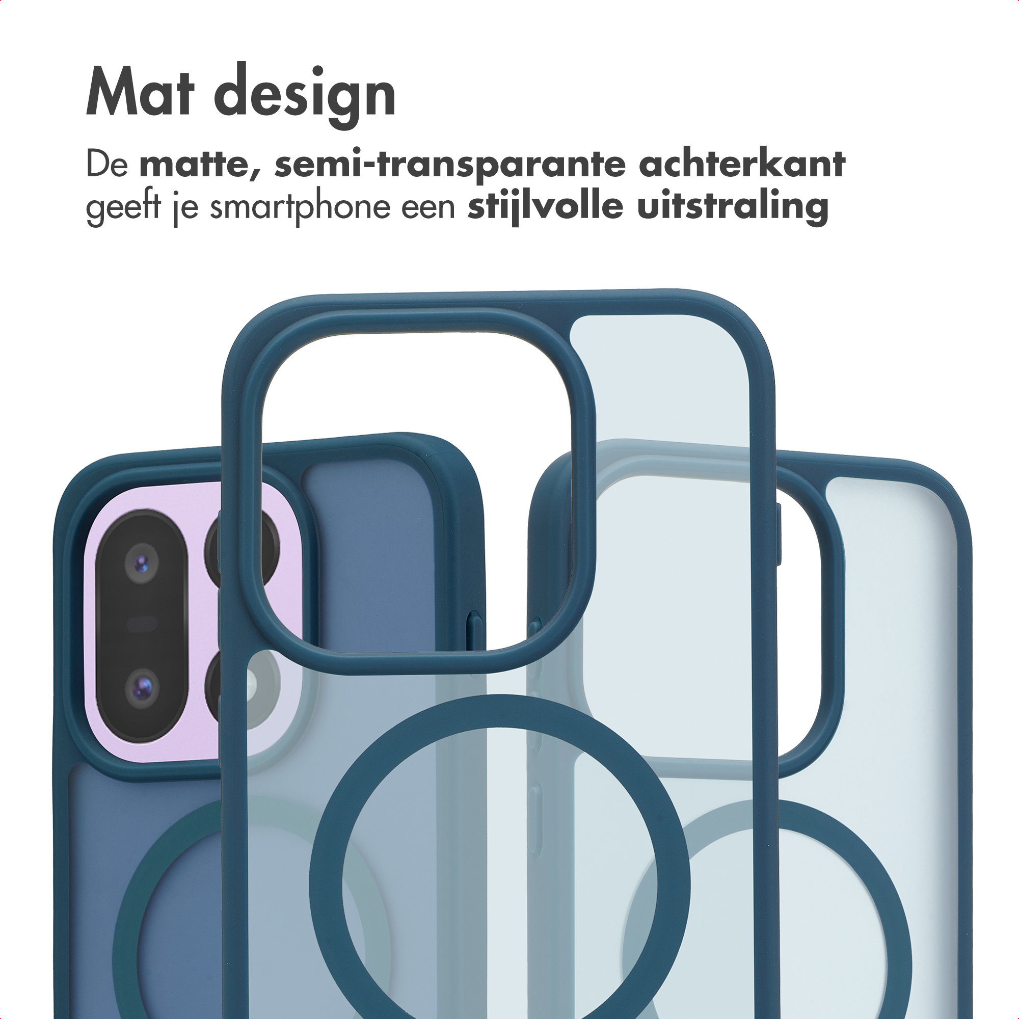 Trois coques de téléphone bleu et gris avec des motifs circulaires.