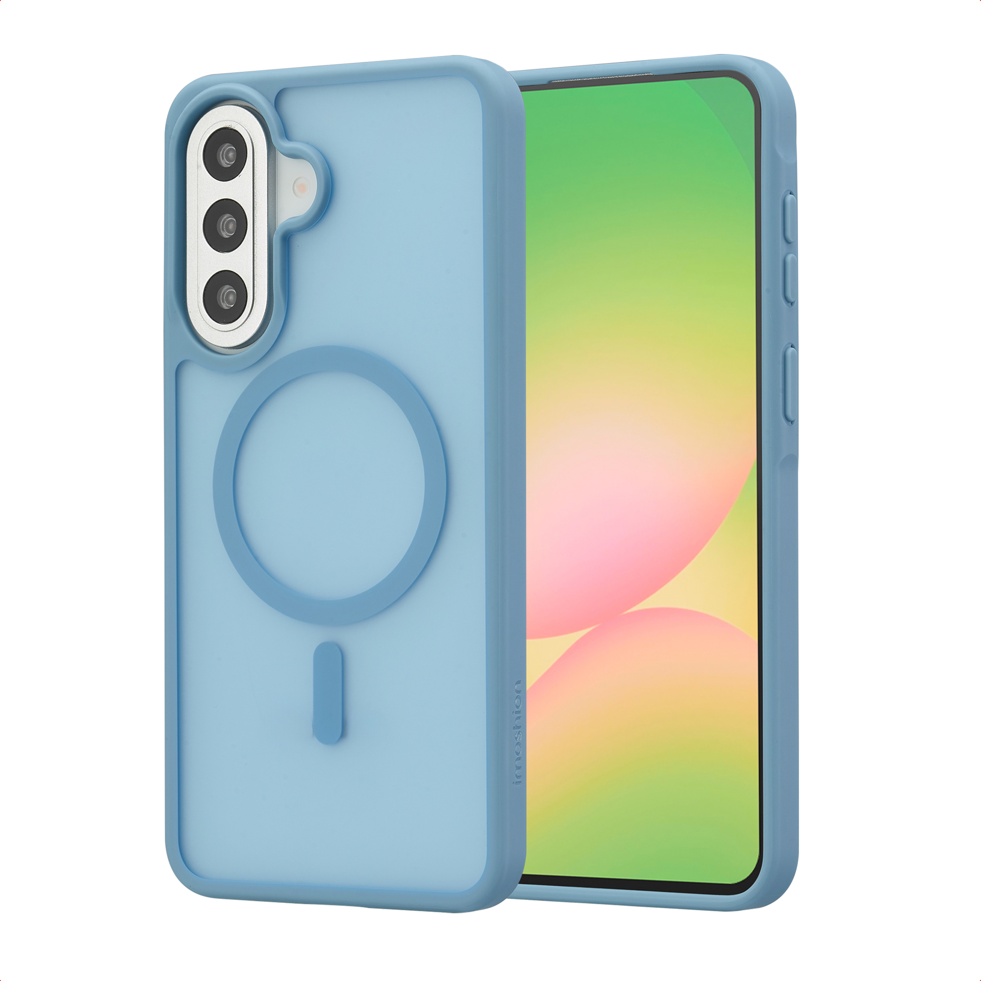 Lichtblauwe telefoonhoes met drievoudige camera en ringhouder op witte achtergrond.