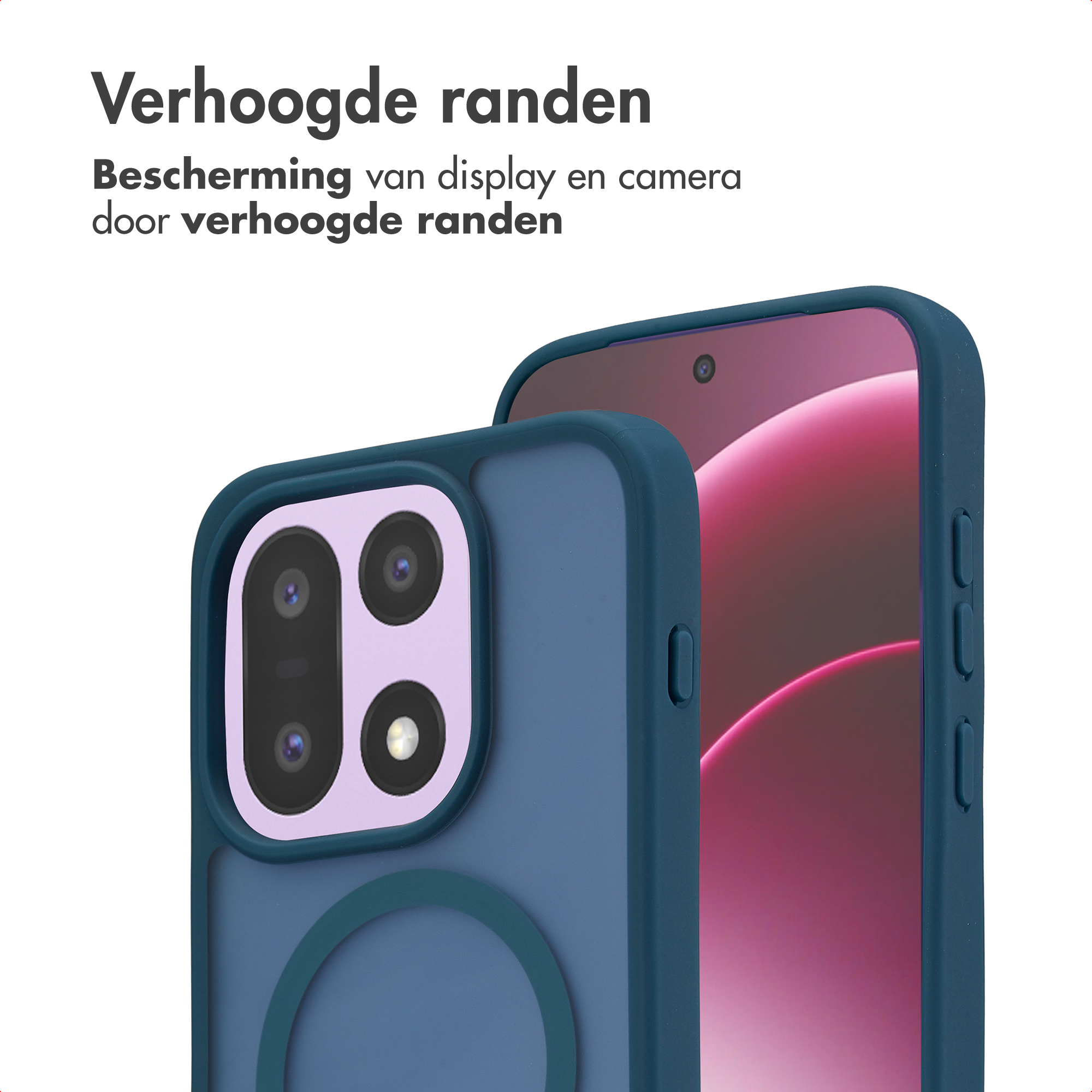 Coque de téléphone bleue avec îlot caméra et fond d'écran rose.