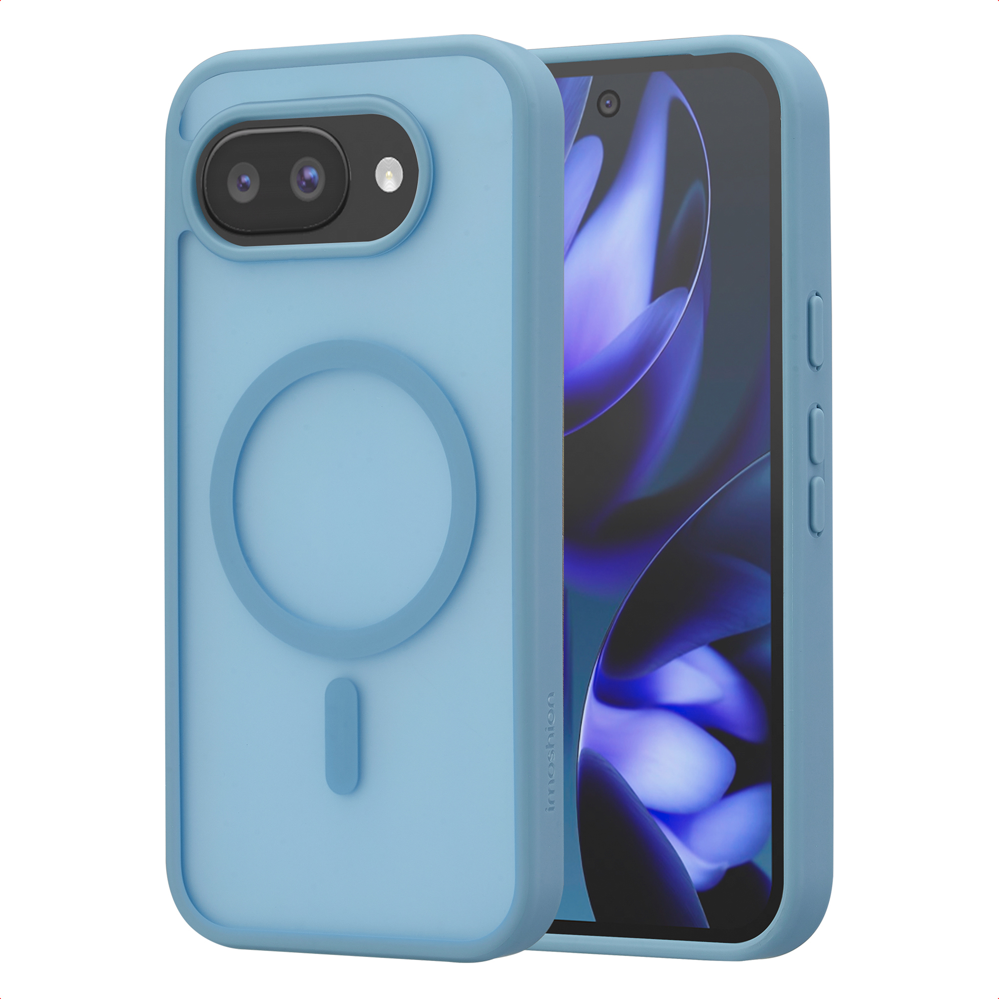Coque de téléphone bleu clair avec deux caméras et cercle magnétique.