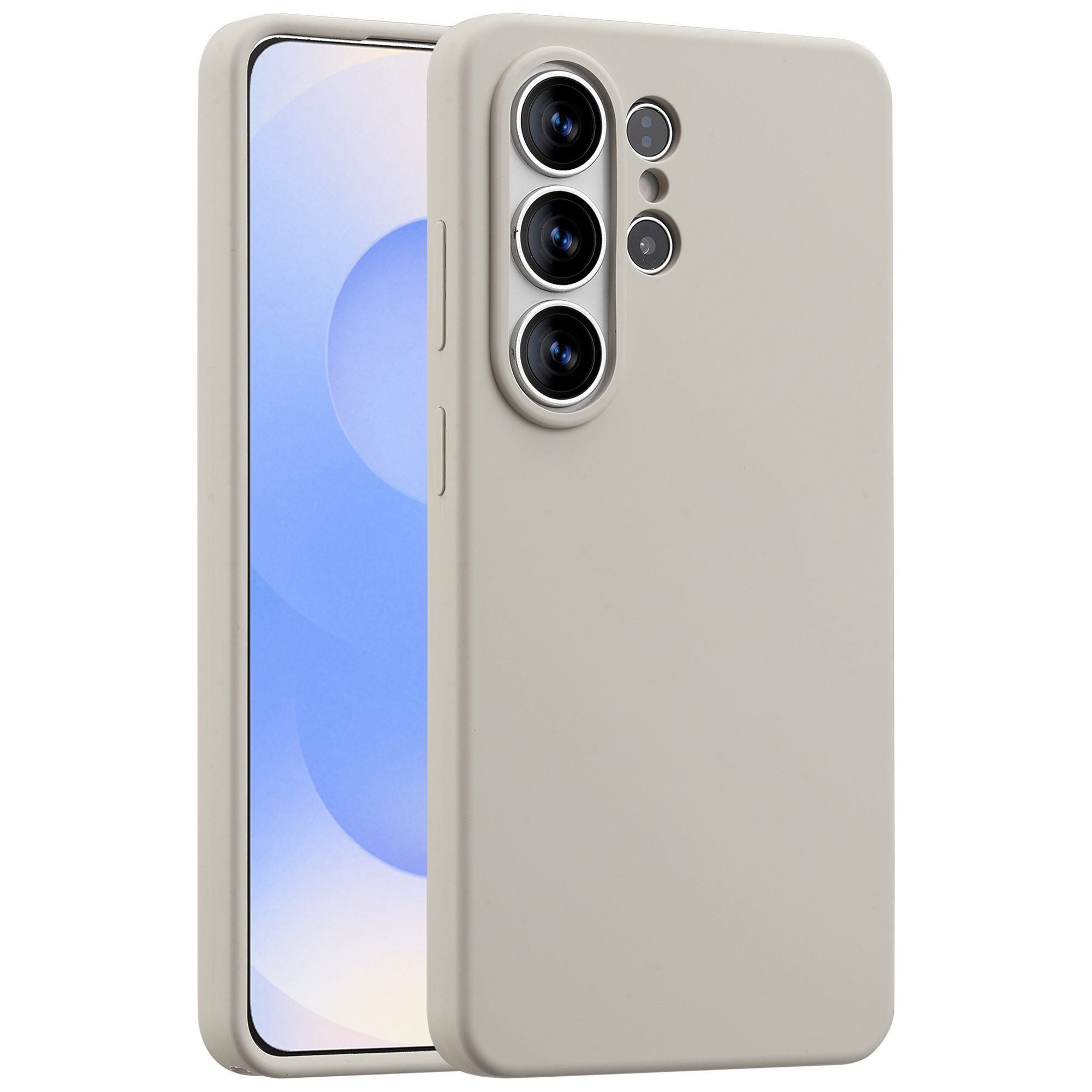 Grijze telefoonhoes met drie hoofdcamera's en twee kleinere lenzen.