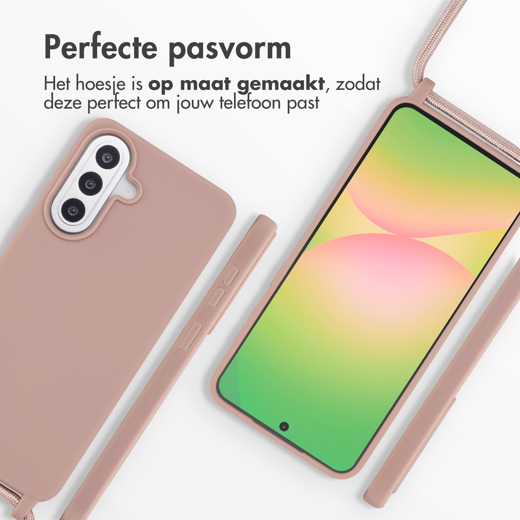 Een roze telefoonhoesje en een telefoon met gradient scherm.