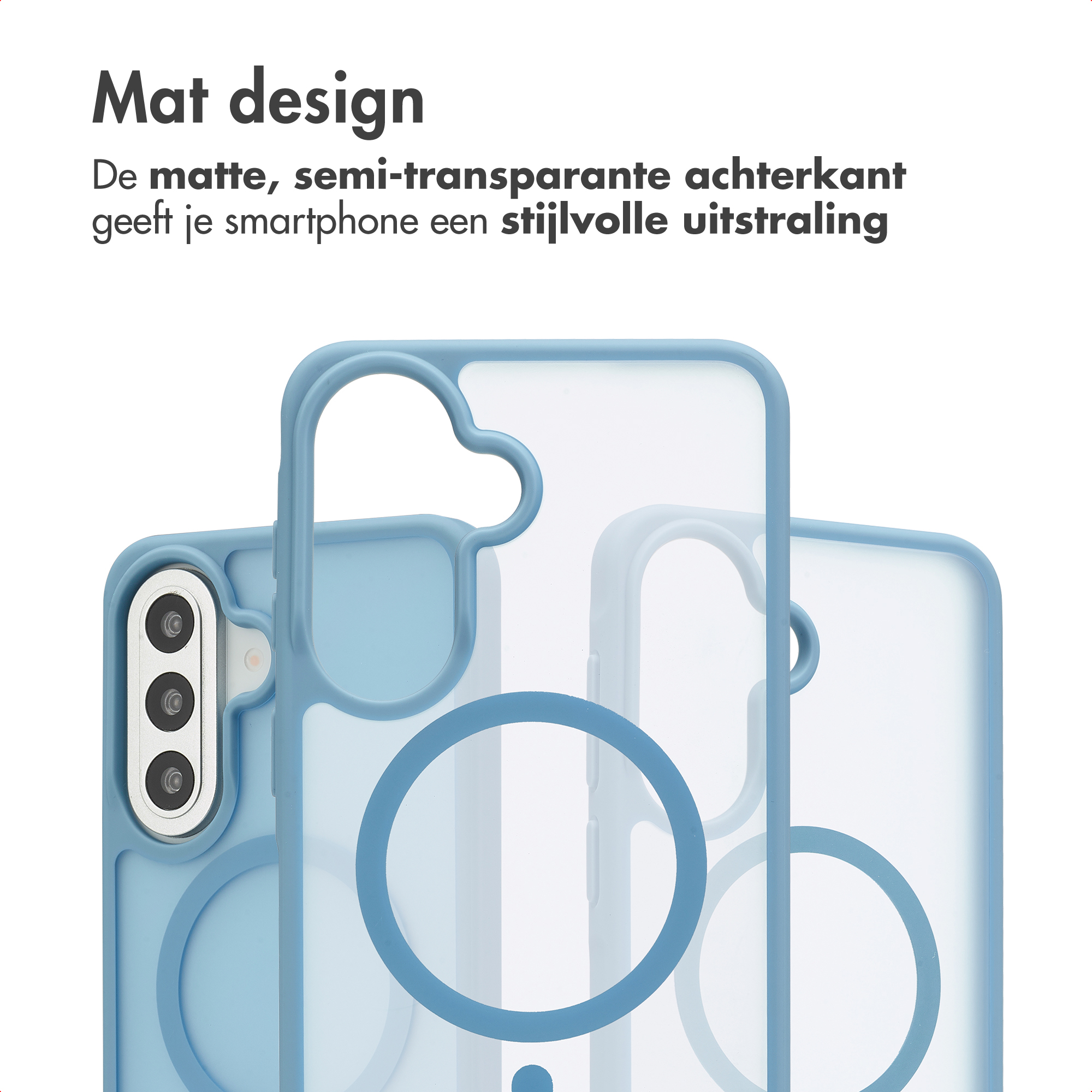Blauw telefoonhoesje met mat, semi-transparant design en cirkelvormige accenten.