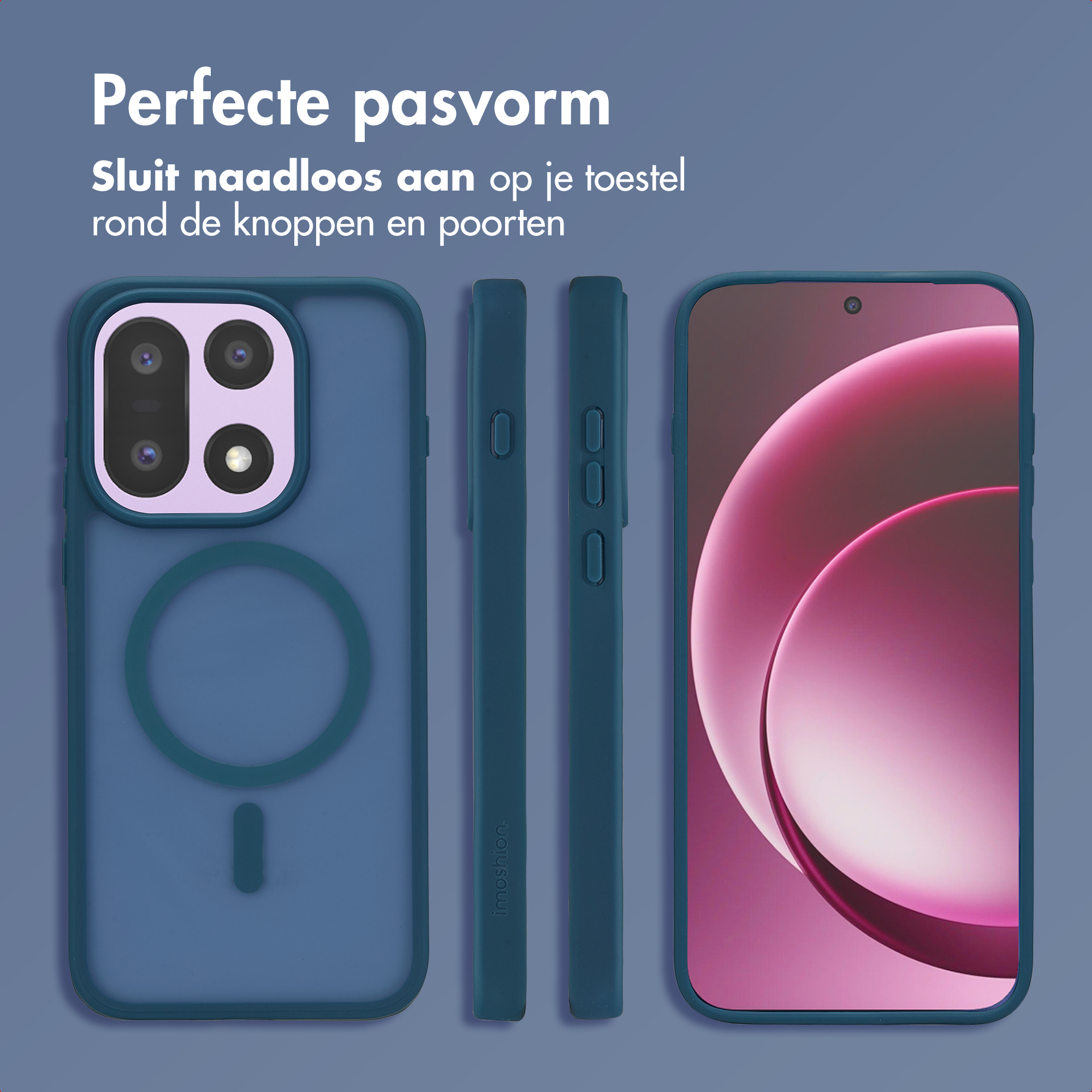 Coque de téléphone bleue avec découpe caméra et anneau MagSafe. À côté, un smartphone.